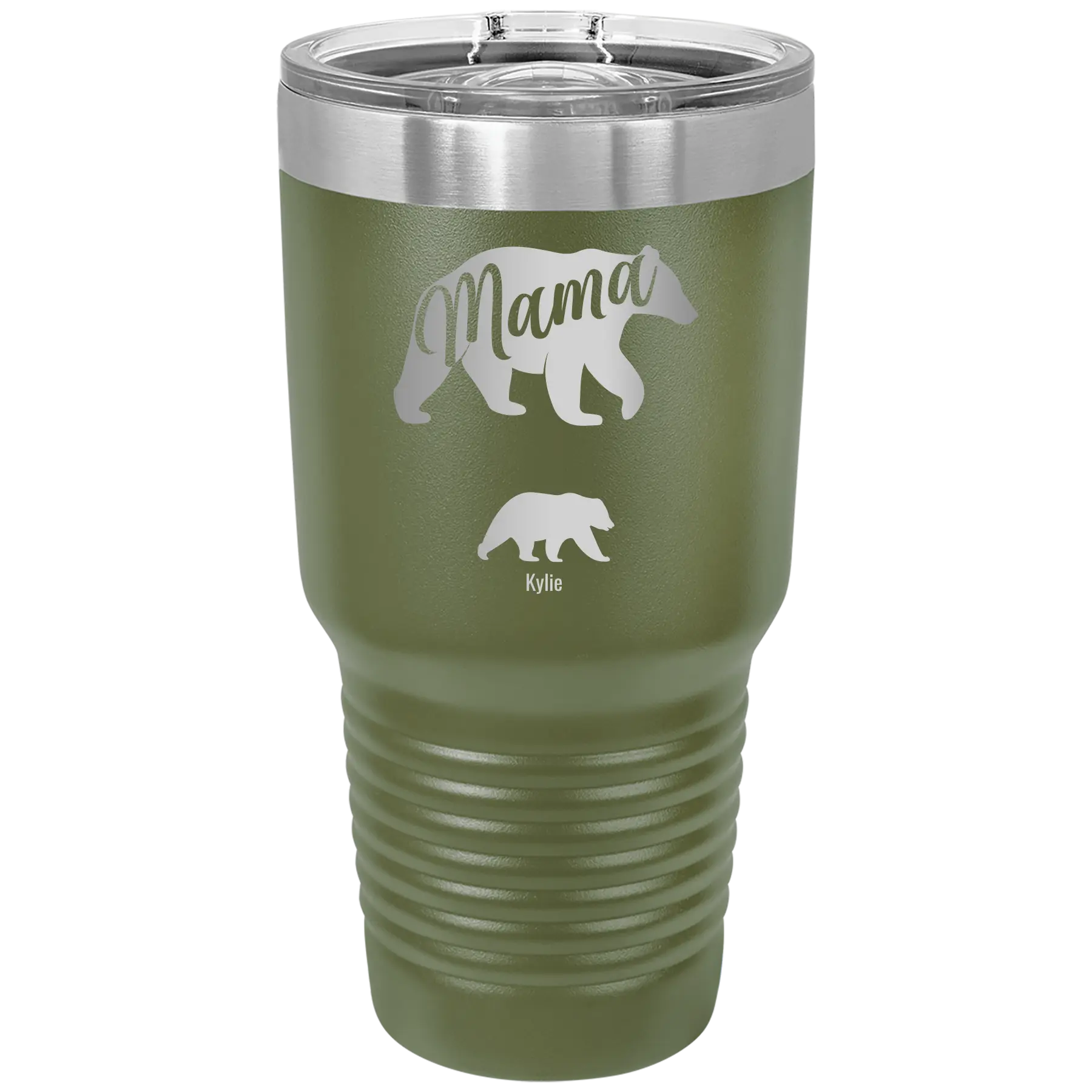Personalized olive green 30 oz vacuum insulated tumbler with 'Mama Bear 1 Baby Bear' design