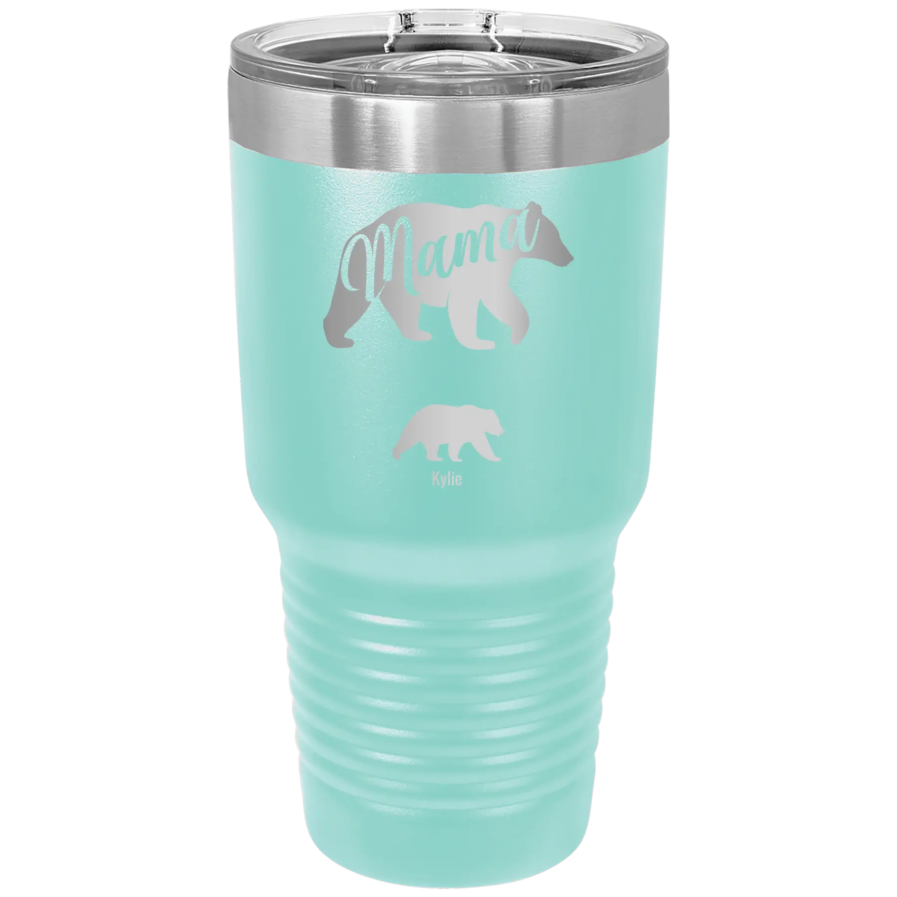 Personalized teal 30 oz vacuum insulated tumbler with 'Mama Bear 1 Baby Bear' design