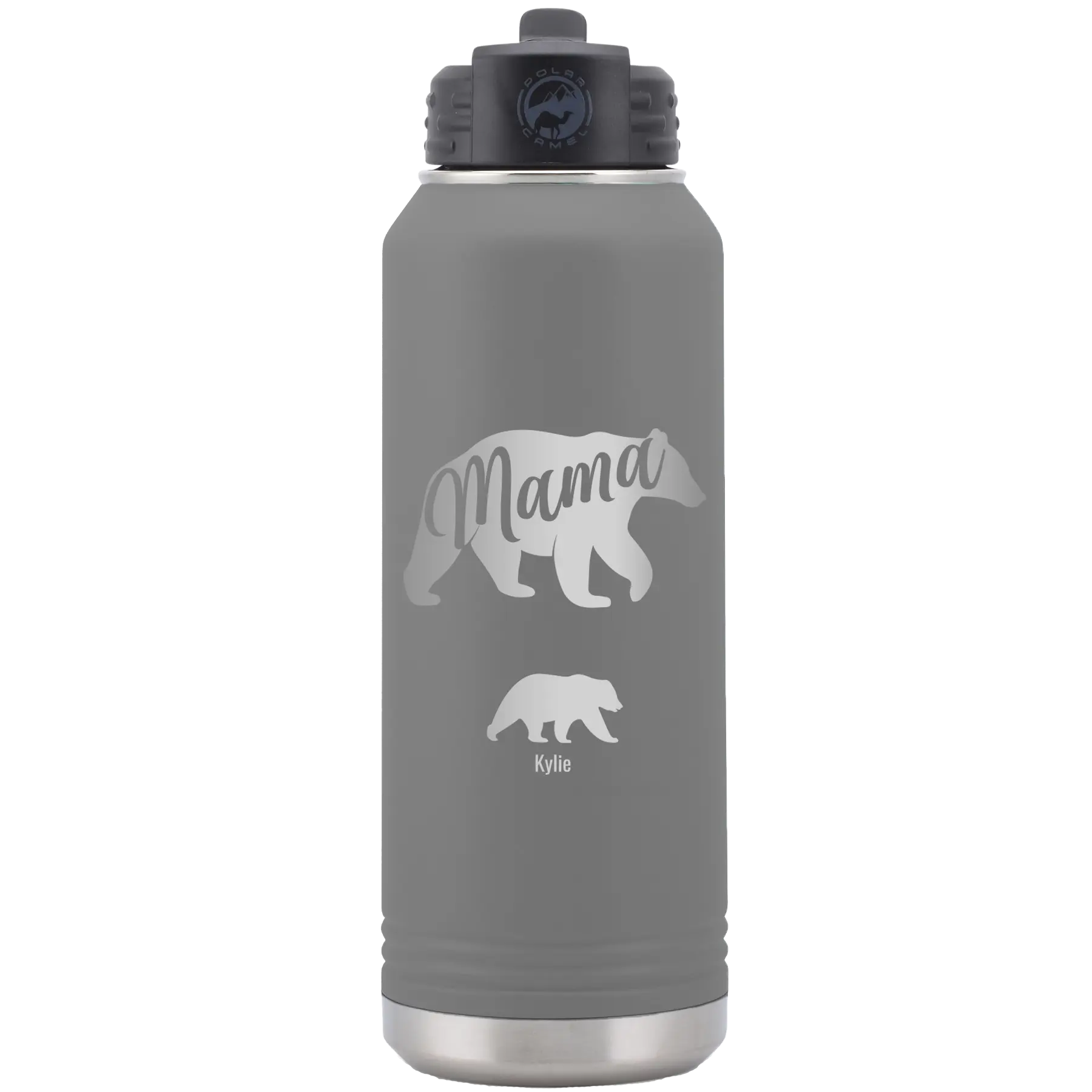 Personalized dark gray 32 oz vacuum insulated water bottle with 'Mama Bear 1 Baby Bear' design