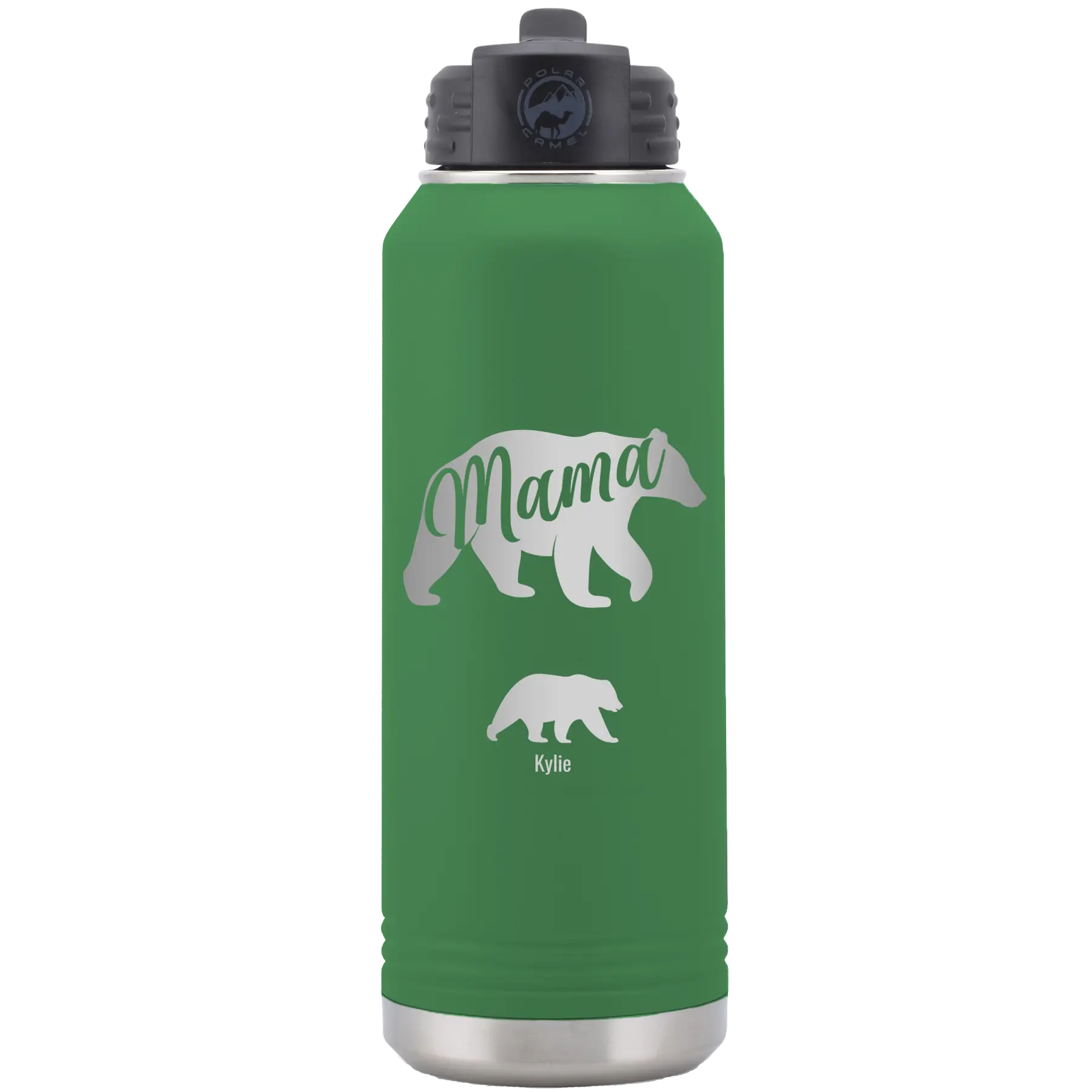 Personalized green 32 oz vacuum insulated water bottle with 'Mama Bear 1 Baby Bear' design