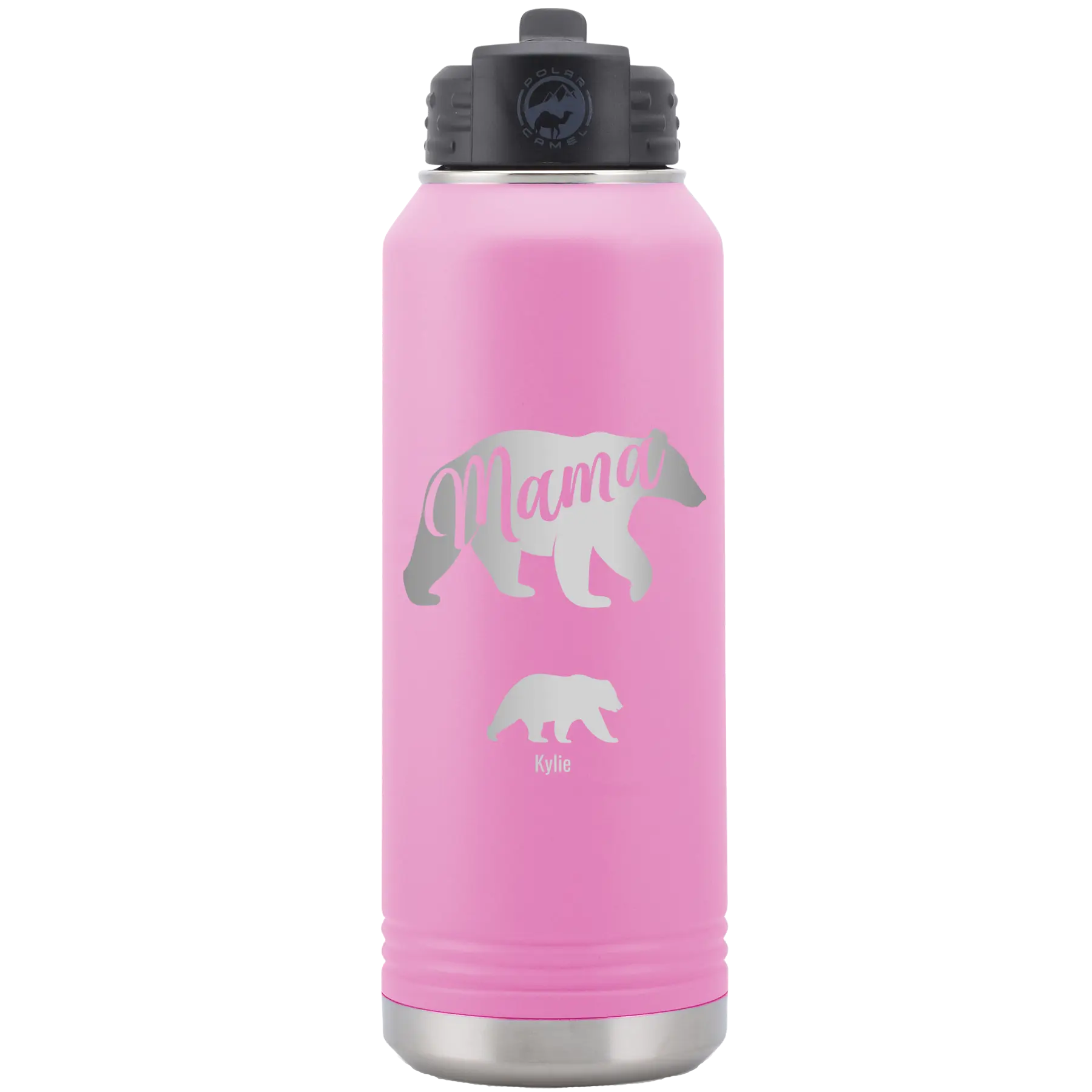 Personalized light purple 32 oz vacuum insulated water bottle with 'Mama Bear 1 Baby Bear' design