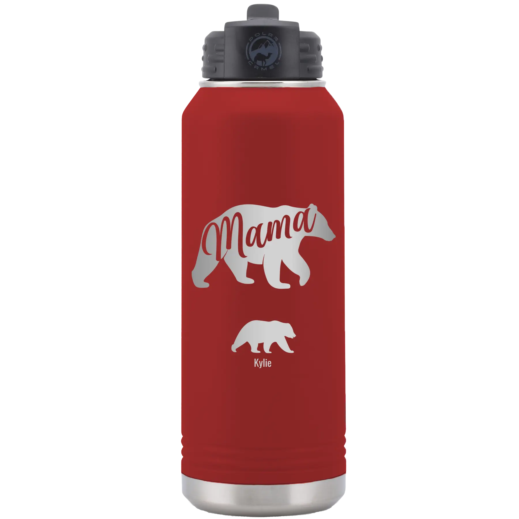 Personalized maroon 32 oz vacuum insulated water bottle with 'Mama Bear 1 Baby Bear' design