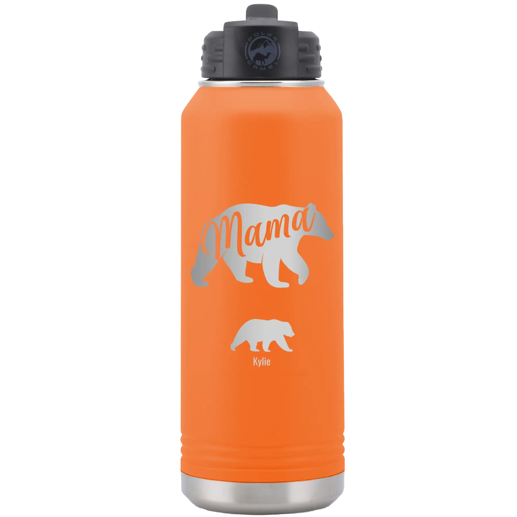 Personalized orange 32 oz vacuum insulated water bottle with 'Mama Bear 1 Baby Bear' design