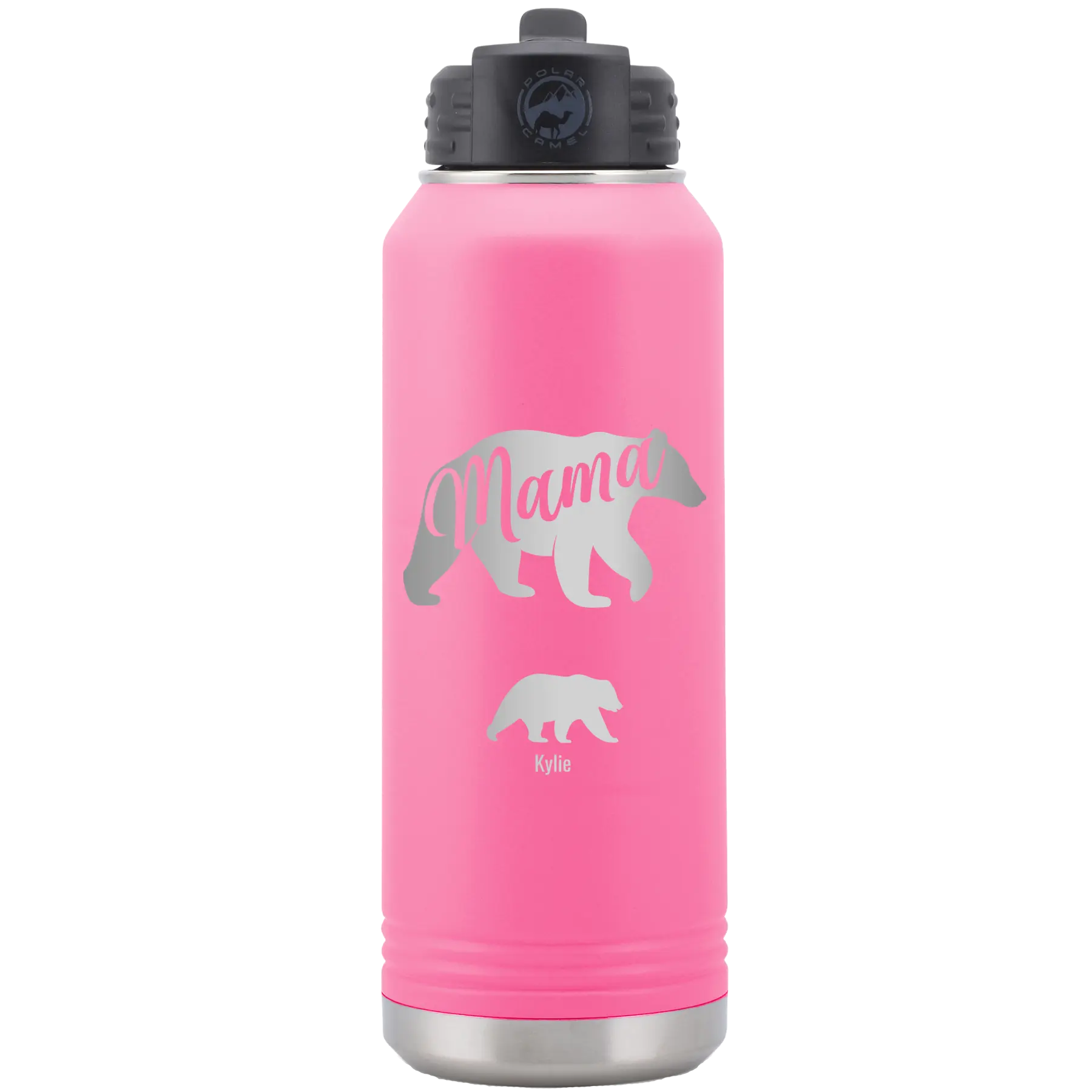 Personalized pink 32 oz vacuum insulated water bottle with 'Mama Bear 1 Baby Bear' design