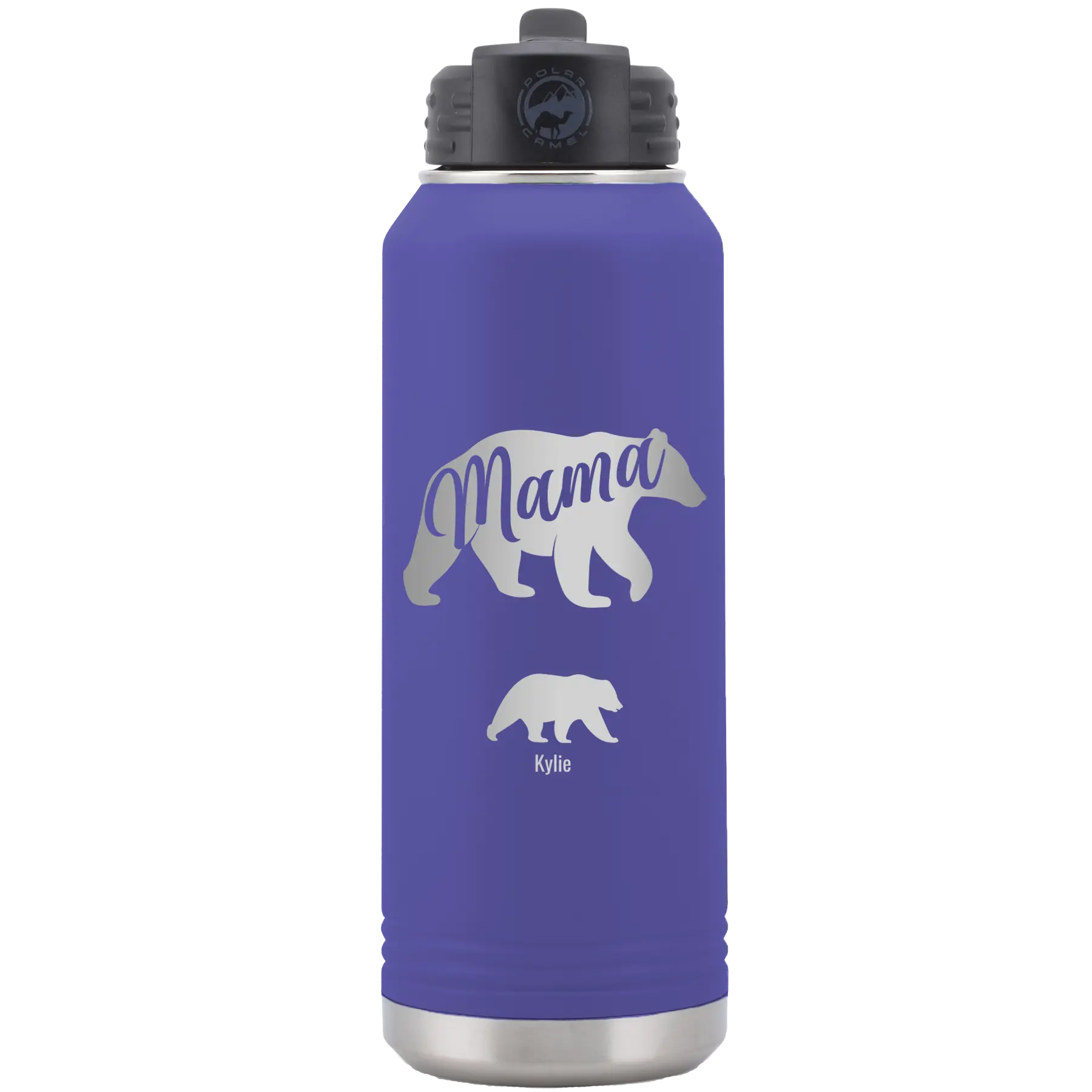 Personalized purple 32 oz vacuum insulated water bottle with 'Mama Bear 1 Baby Bear' design