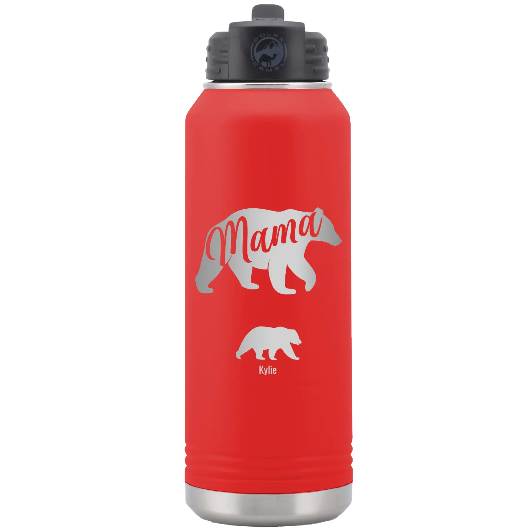 Personalized red 32 oz vacuum insulated water bottle with 'Mama Bear 1 Baby Bear' design