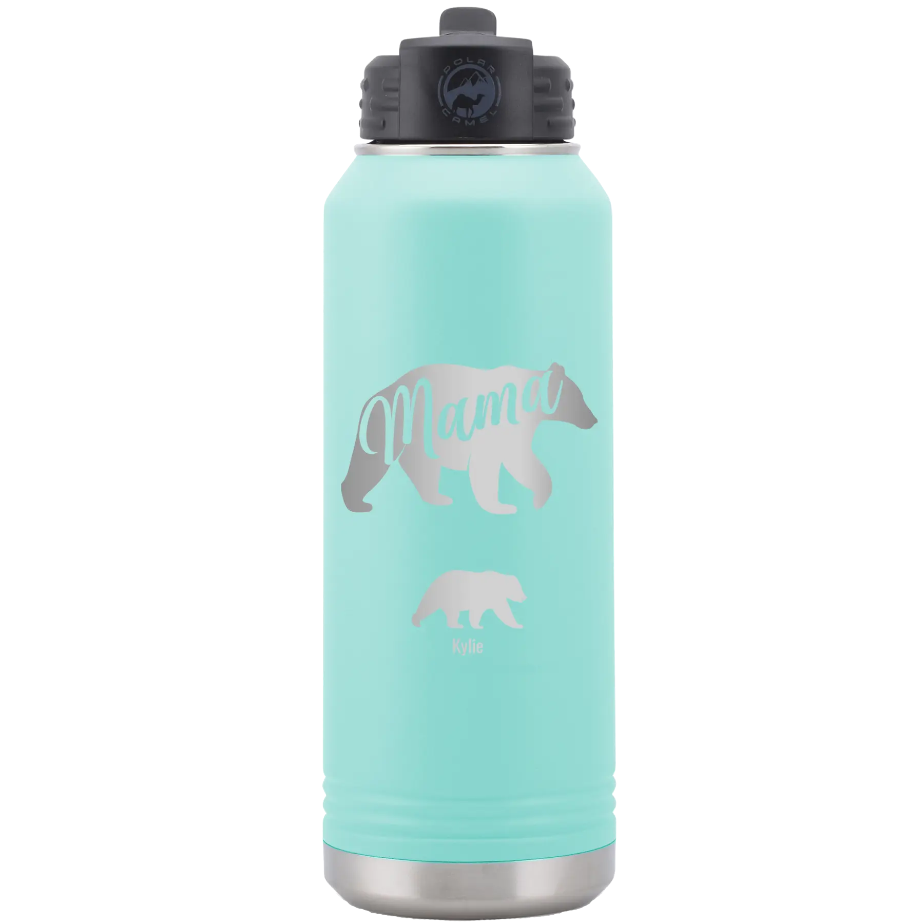 Personalized teal 32 oz vacuum insulated water bottle with 'Mama Bear 1 Baby Bear' design