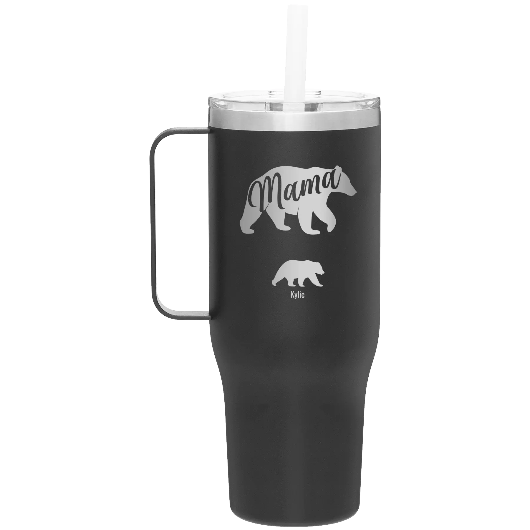 Personalized black 40 oz vacuum insulated tumbler mug with 'Mama Bear 1 Baby Bear' design
