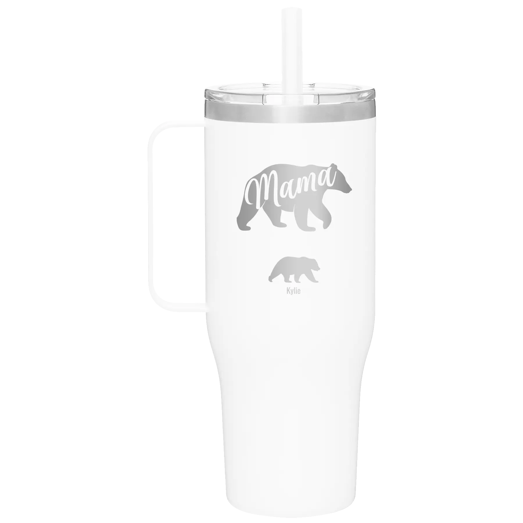 Personalized white 40 oz vacuum insulated tumbler mug with 'Mama Bear 1 Baby Bear' design