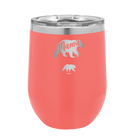 Personalized coral 12 oz vacuum insulated wine cup with 'Mama Bear 1 Baby Bear' design