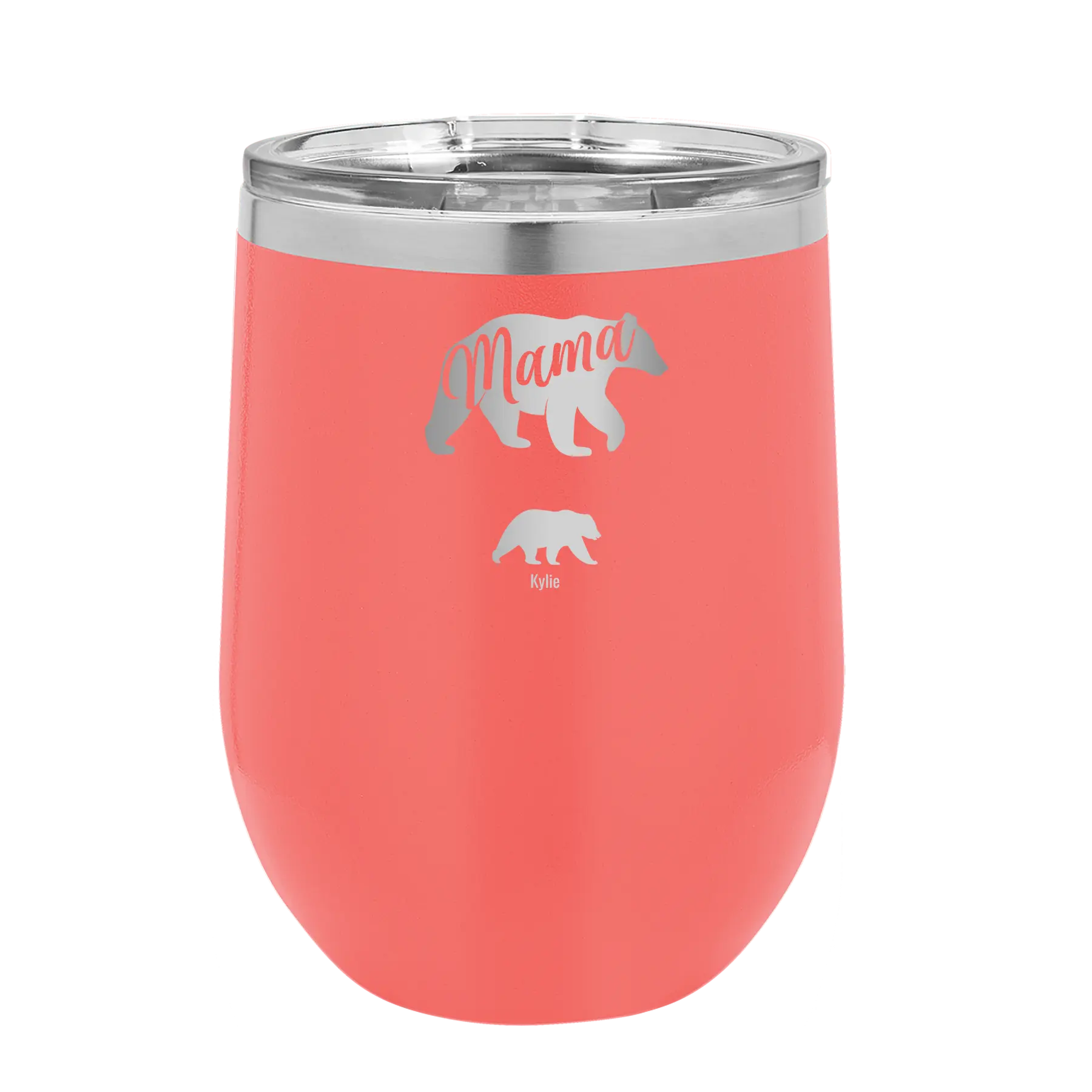 Personalized coral 12 oz vacuum insulated wine cup with 'Mama Bear 1 Baby Bear' design