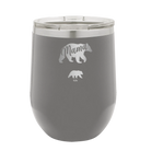 Personalized dark gray 12 oz vacuum insulated wine cup with 'Mama Bear 1 Baby Bear' design