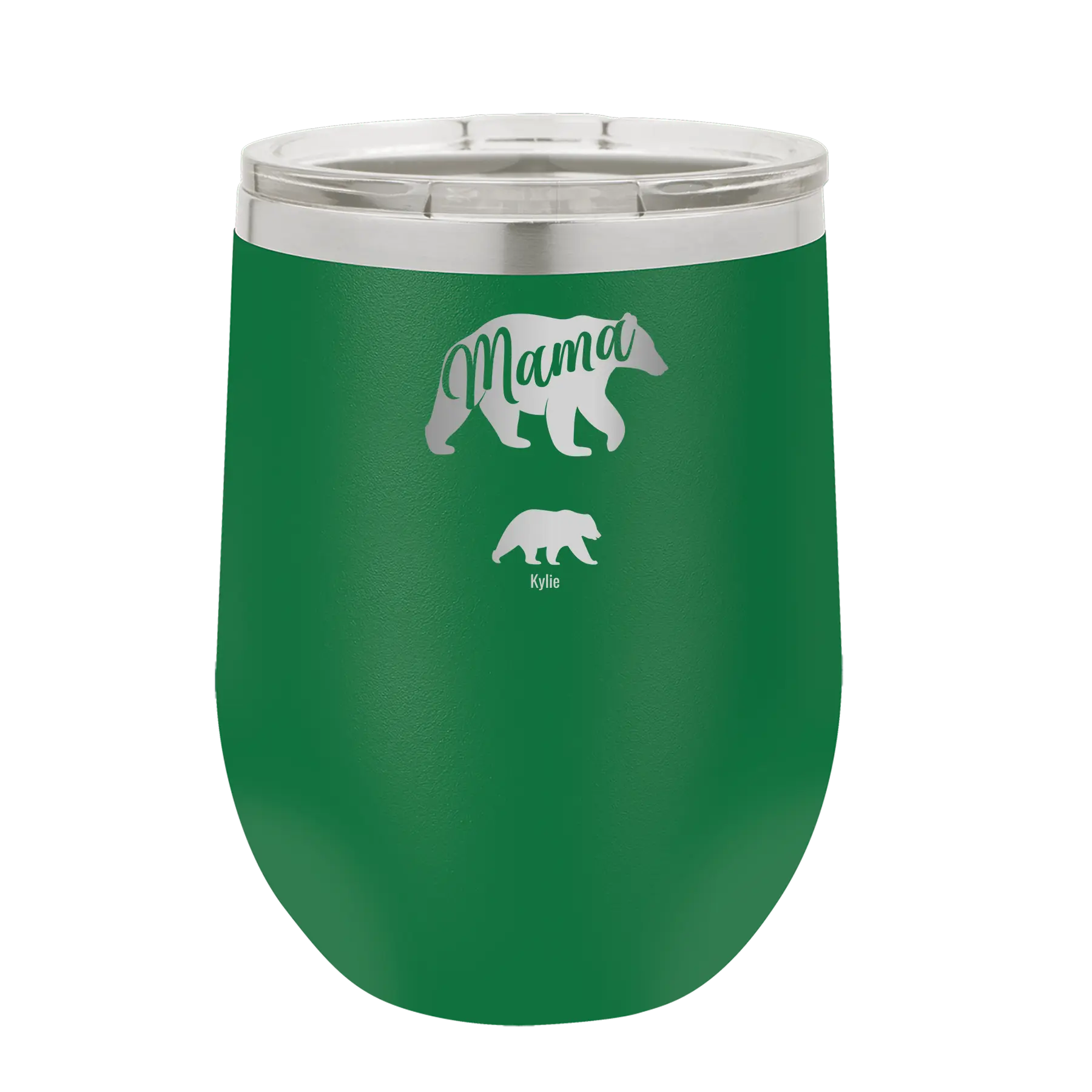 Personalized green 12 oz vacuum insulated wine cup with 'Mama Bear 1 Baby Bear' design