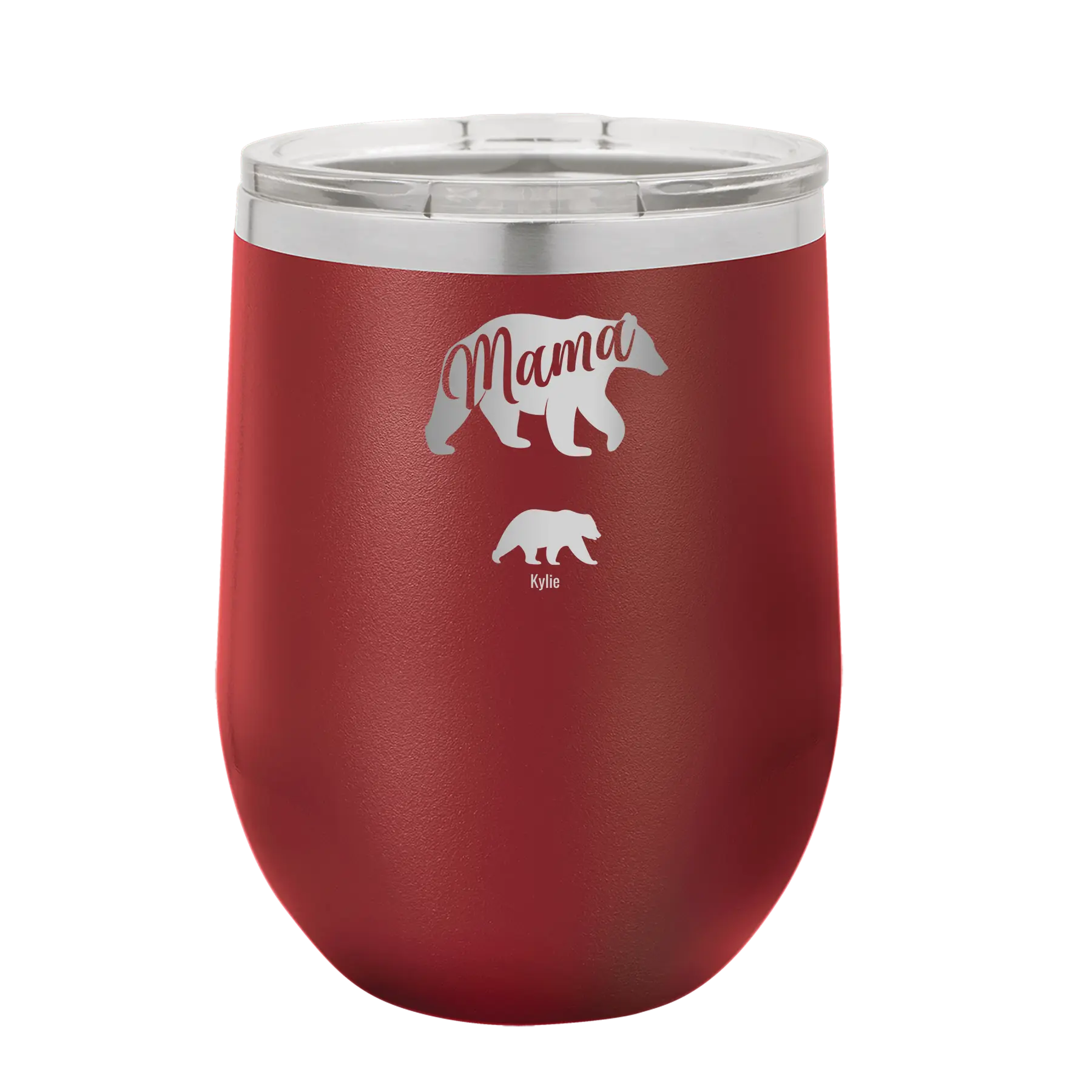 Personalized maroon 12 oz vacuum insulated wine cup with 'Mama Bear 1 Baby Bear' design