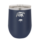 Personalized navy 12 oz vacuum insulated wine cup with 'Mama Bear 1 Baby Bear' design