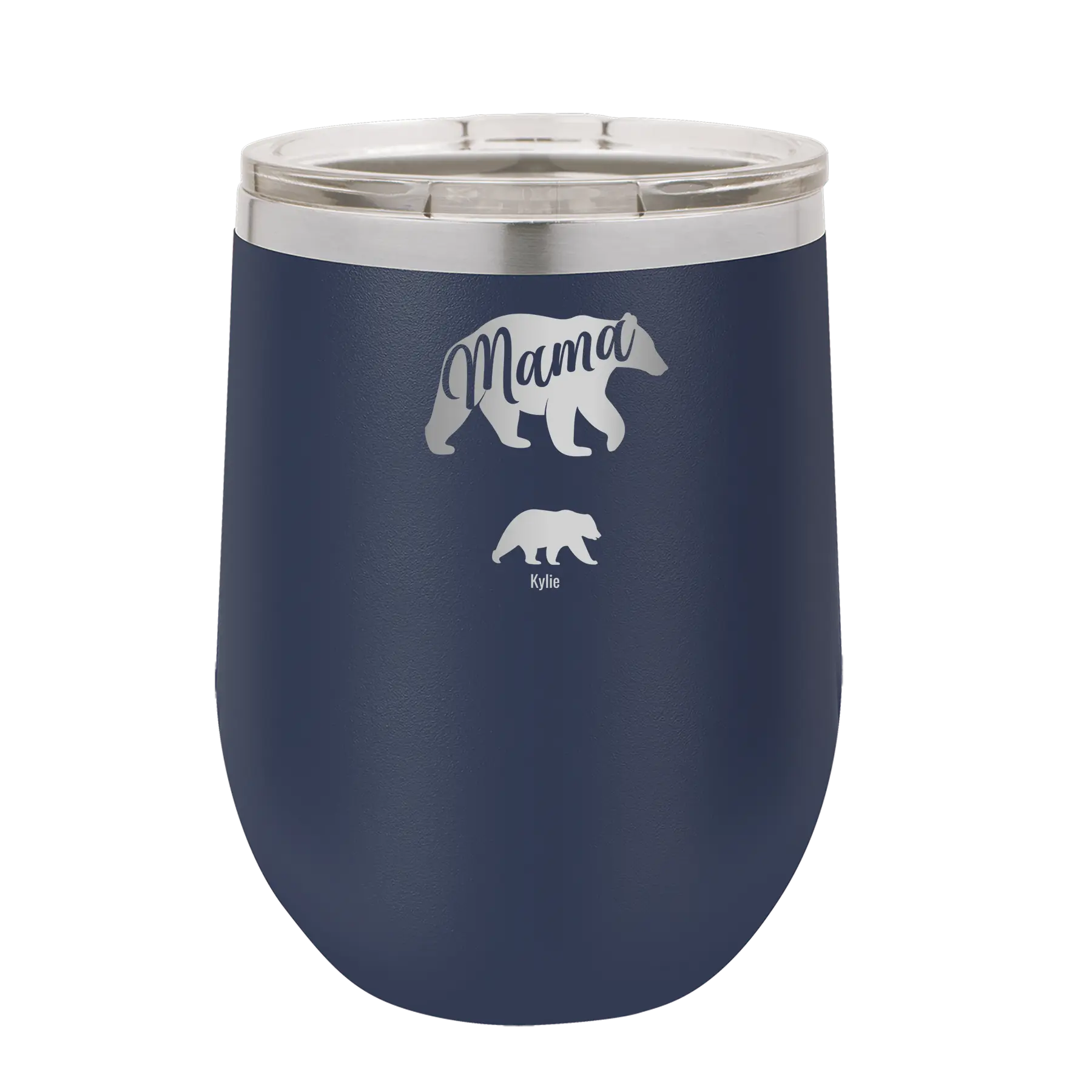 Personalized navy 12 oz vacuum insulated wine cup with 'Mama Bear 1 Baby Bear' design