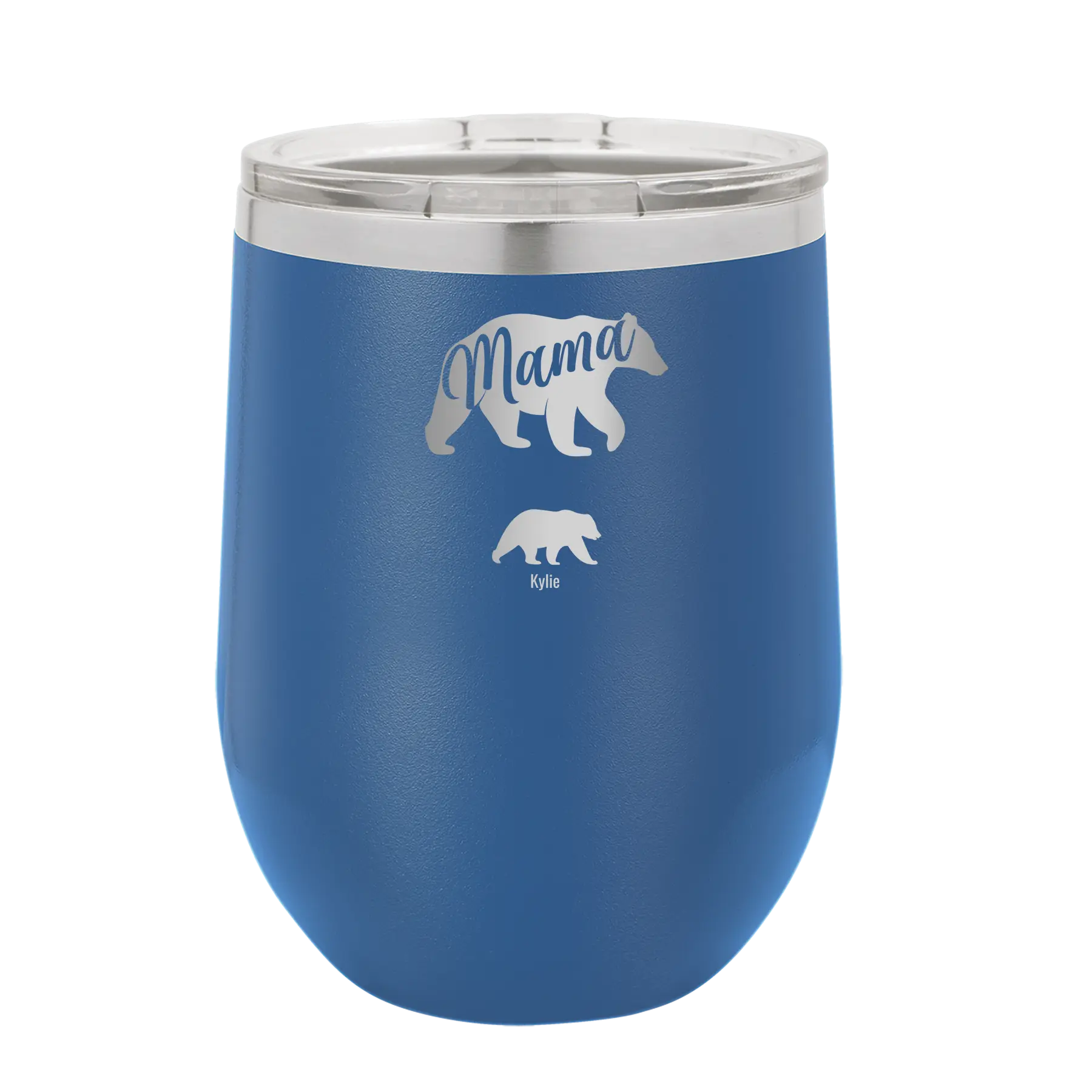 Personalized royal blue 12 oz vacuum insulated wine cup with 'Mama Bear 1 Baby Bear' design