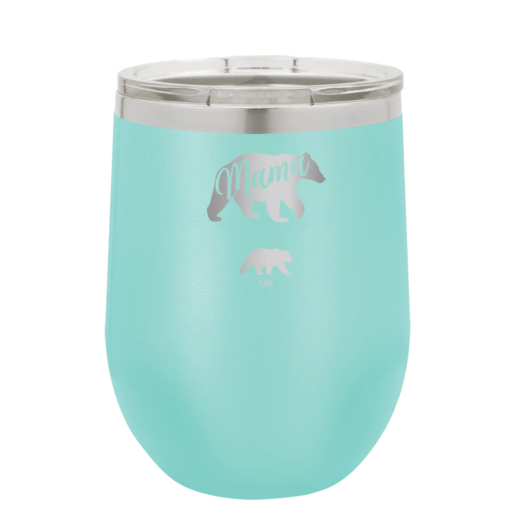 Personalized teal 12 oz vacuum insulated wine cup with 'Mama Bear 1 Baby Bear' design