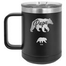 Personalized black 15 oz vacuum insulated coffee mug with 'Papa Bear 1 Baby Bear' design