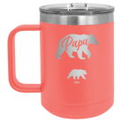 Personalized coral 15 oz vacuum insulated coffee mug with 'Papa Bear 1 Baby Bear' design