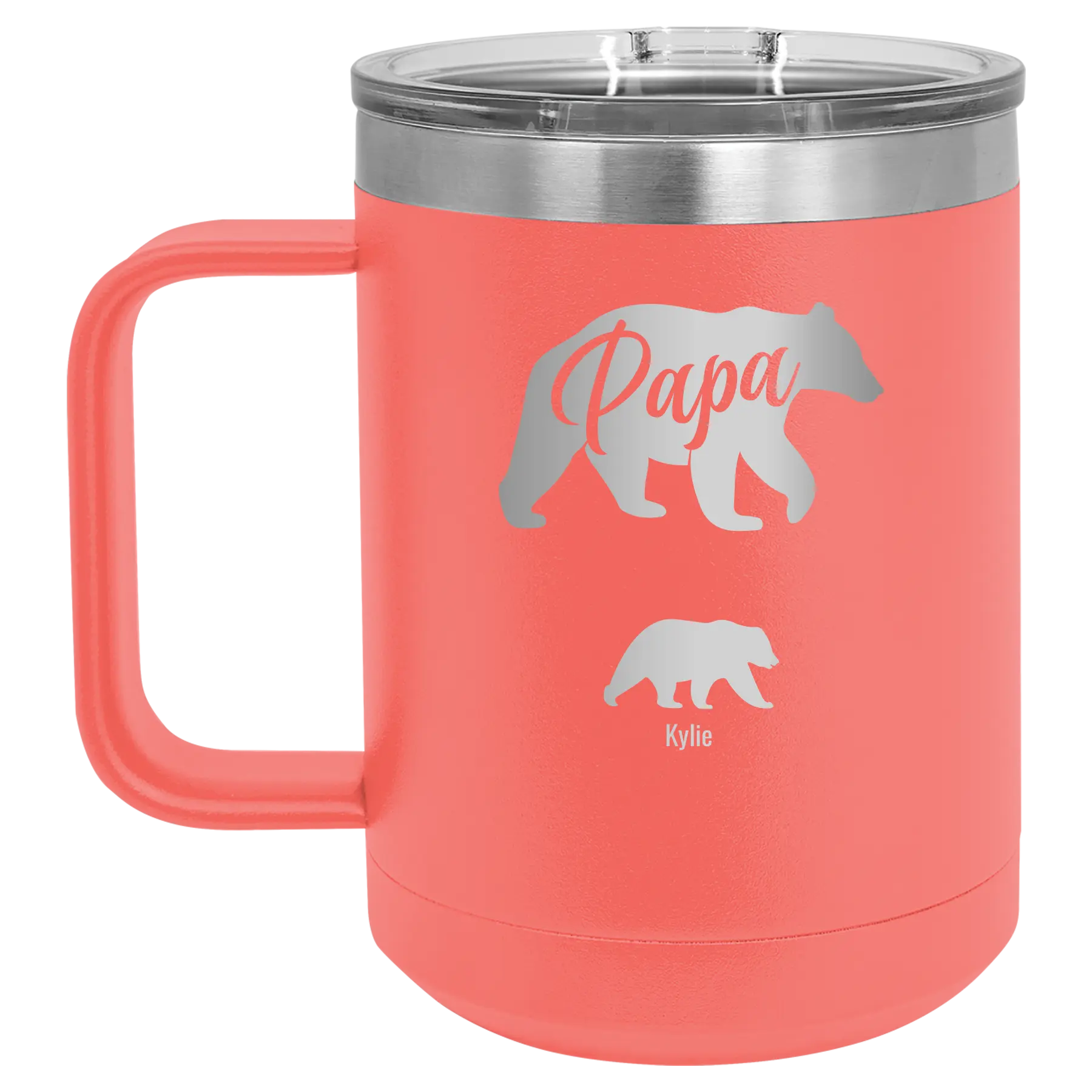 Personalized coral 15 oz vacuum insulated coffee mug with 'Papa Bear 1 Baby Bear' design