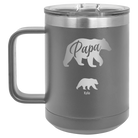 Personalized dark gray 15 oz vacuum insulated coffee mug with 'Papa Bear 1 Baby Bear' design