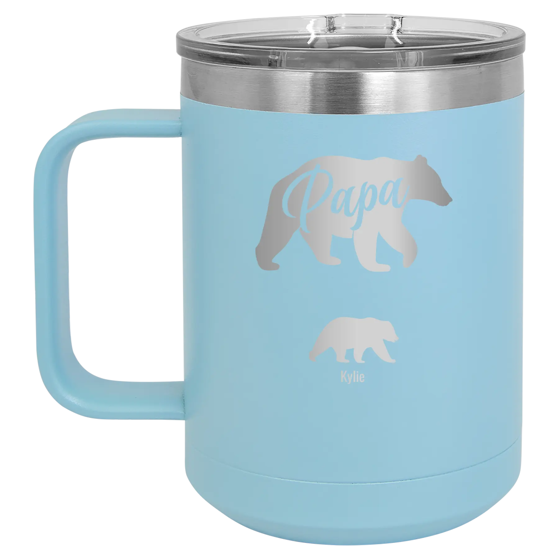 Personalized light blue 15 oz vacuum insulated coffee mug with 'Papa Bear 1 Baby Bear' design