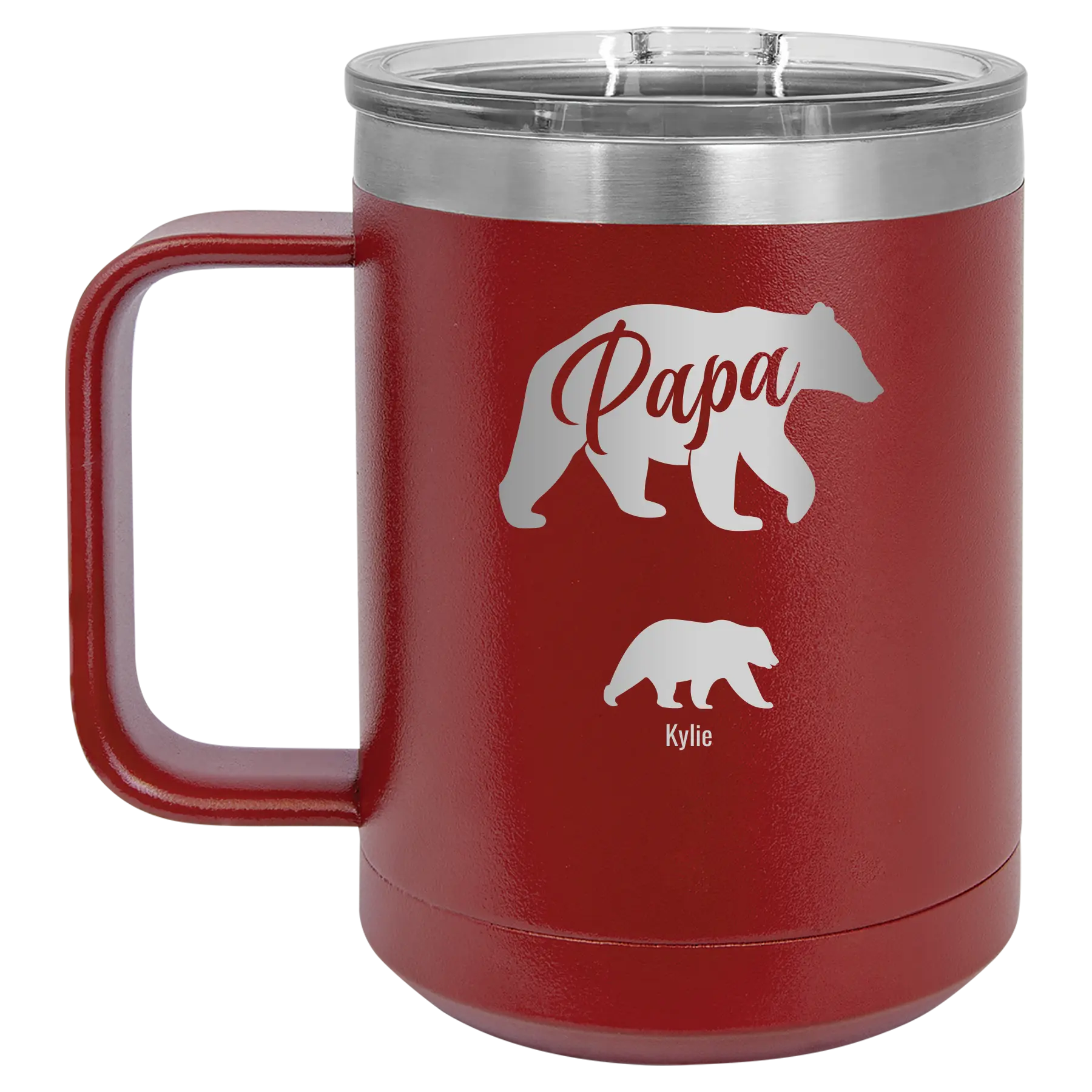 Personalized maroon 15 oz vacuum insulated coffee mug with 'Papa Bear 1 Baby Bear' design