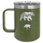 Personalized olive green 15 oz vacuum insulated coffee mug with 'Papa Bear 1 Baby Bear' design
