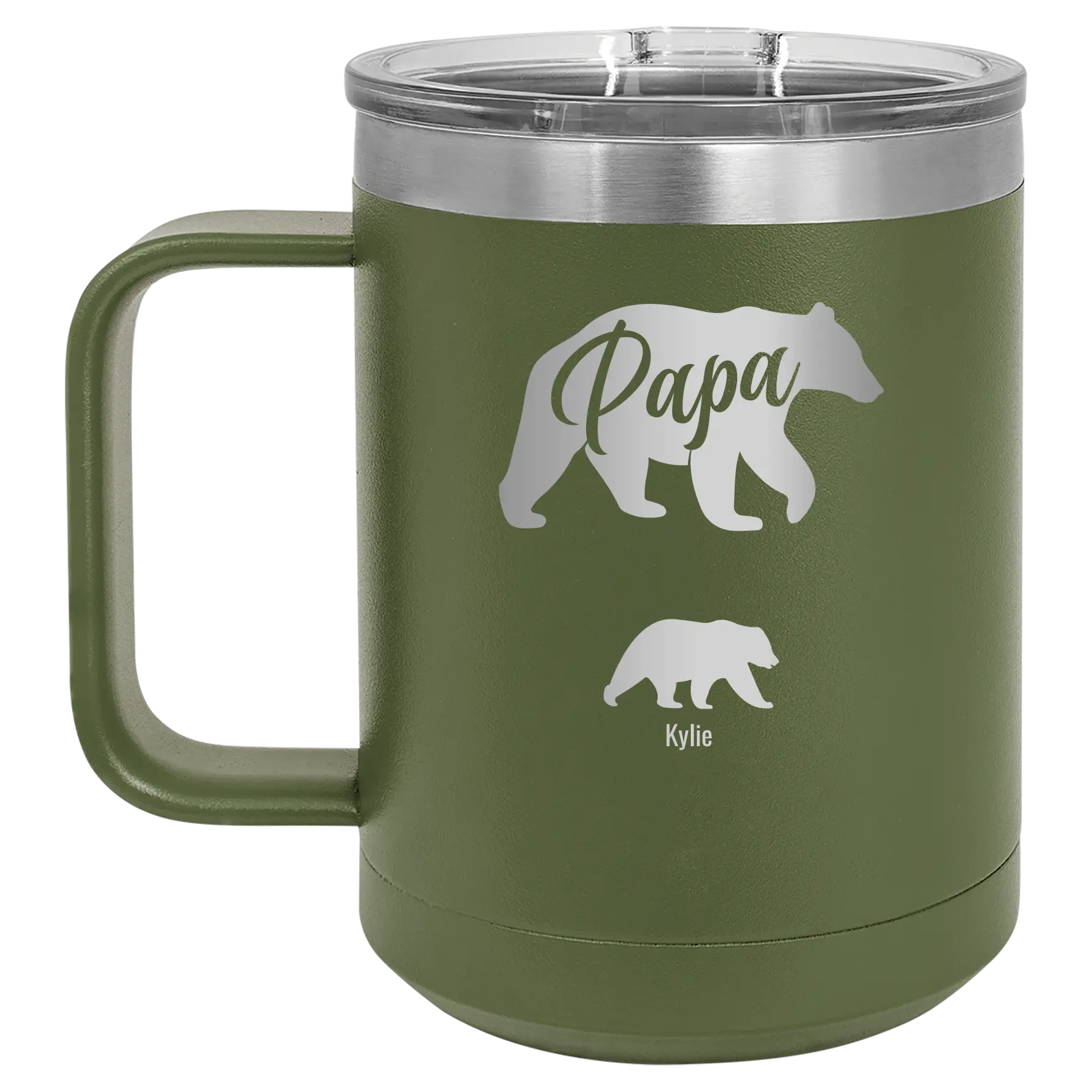 Personalized olive green 15 oz vacuum insulated coffee mug with 'Papa Bear 1 Baby Bear' design