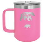 Personalized pink 15 oz vacuum insulated coffee mug with 'Papa Bear 1 Baby Bear' design