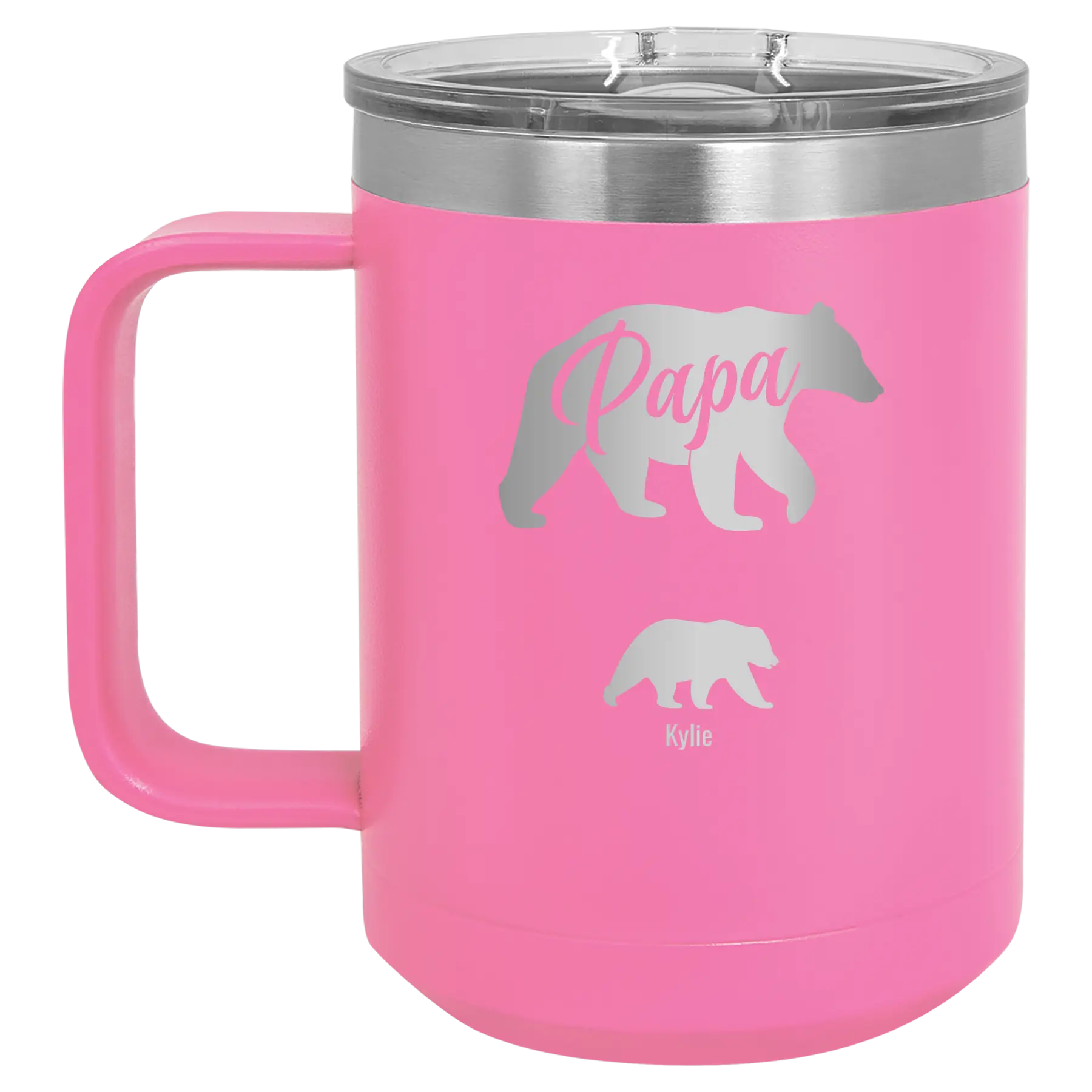 Personalized pink 15 oz vacuum insulated coffee mug with 'Papa Bear 1 Baby Bear' design