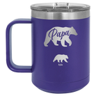 Personalized purple 15 oz vacuum insulated coffee mug with 'Papa Bear 1 Baby Bear' design