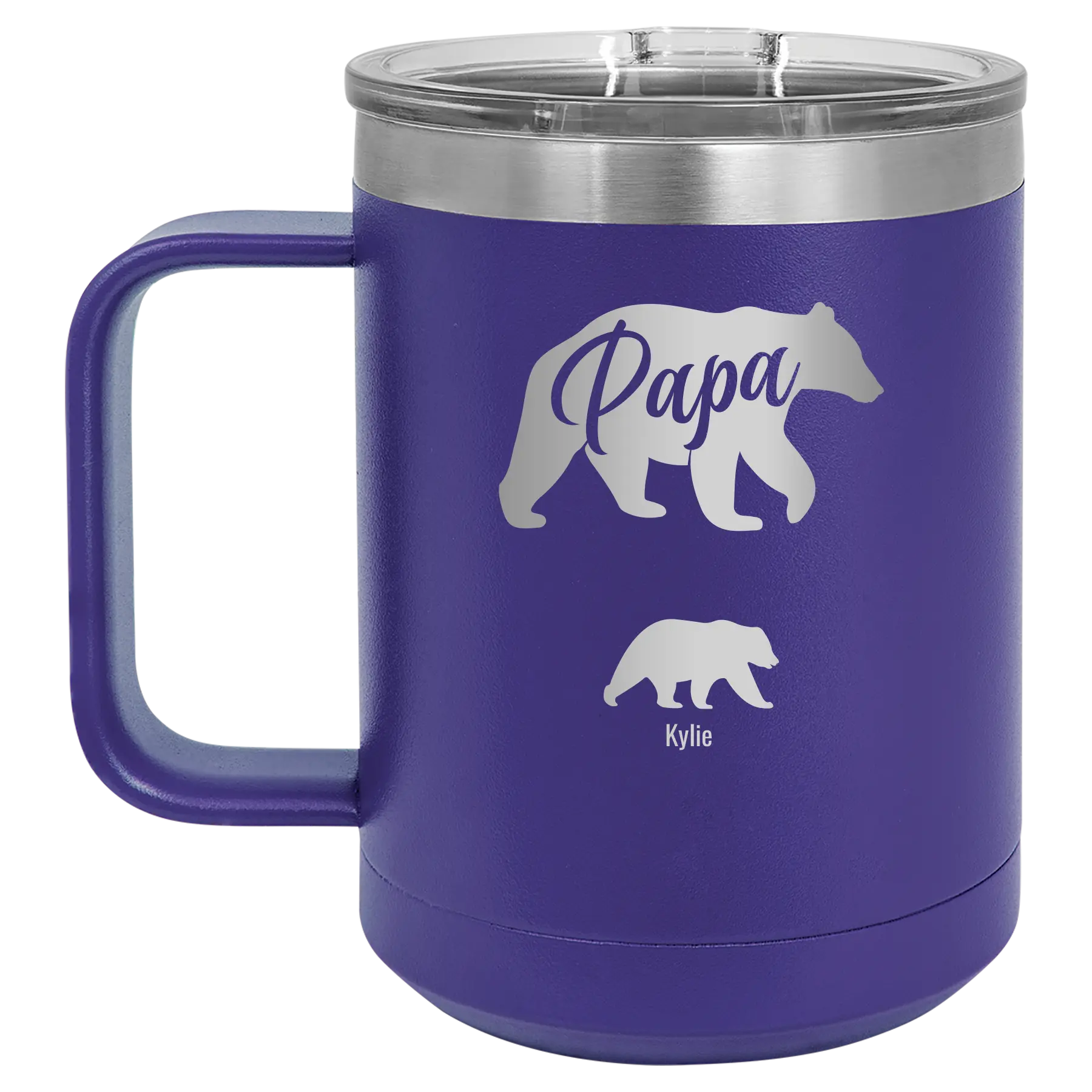 Personalized purple 15 oz vacuum insulated coffee mug with 'Papa Bear 1 Baby Bear' design