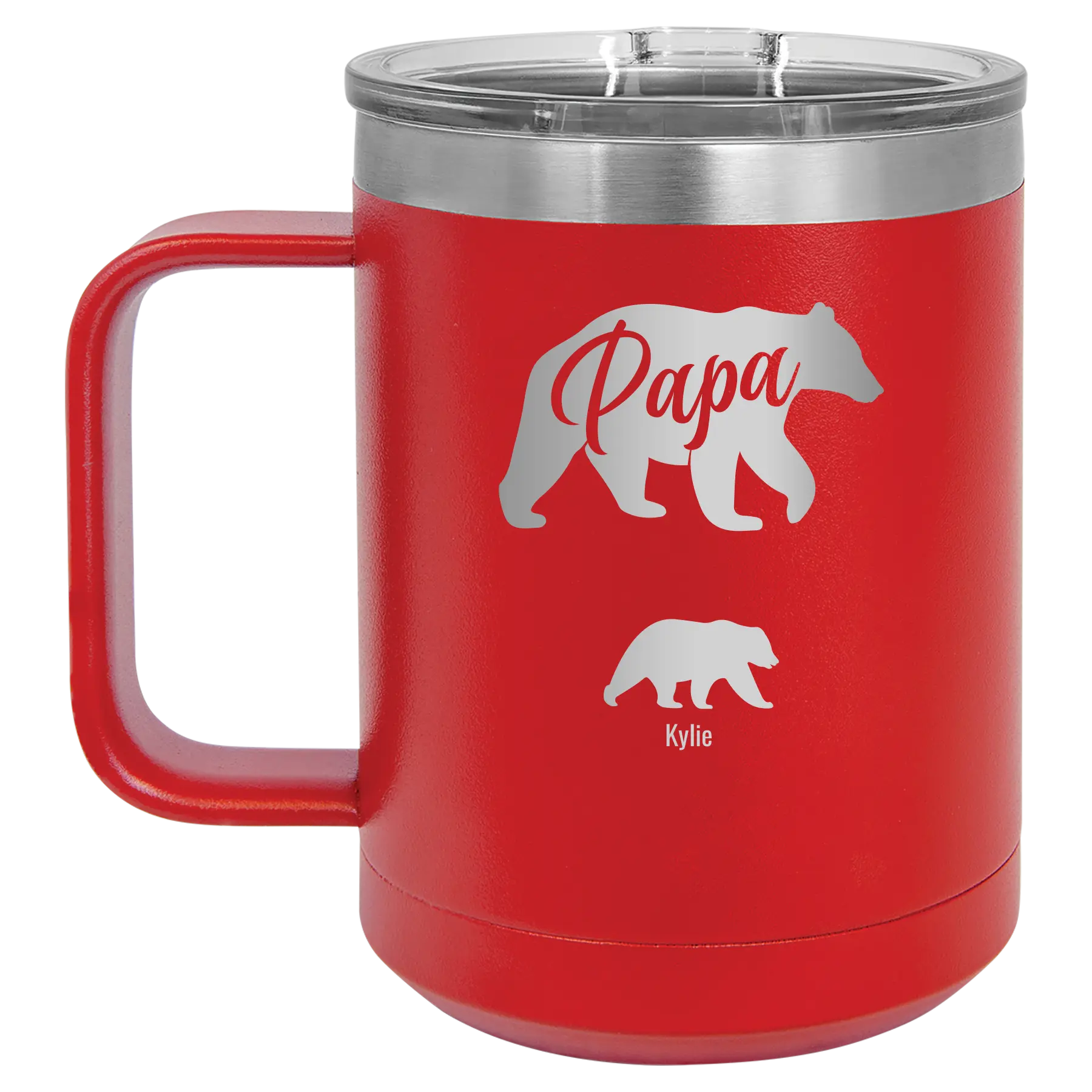 Personalized red 15 oz vacuum insulated coffee mug with 'Papa Bear 1 Baby Bear' design