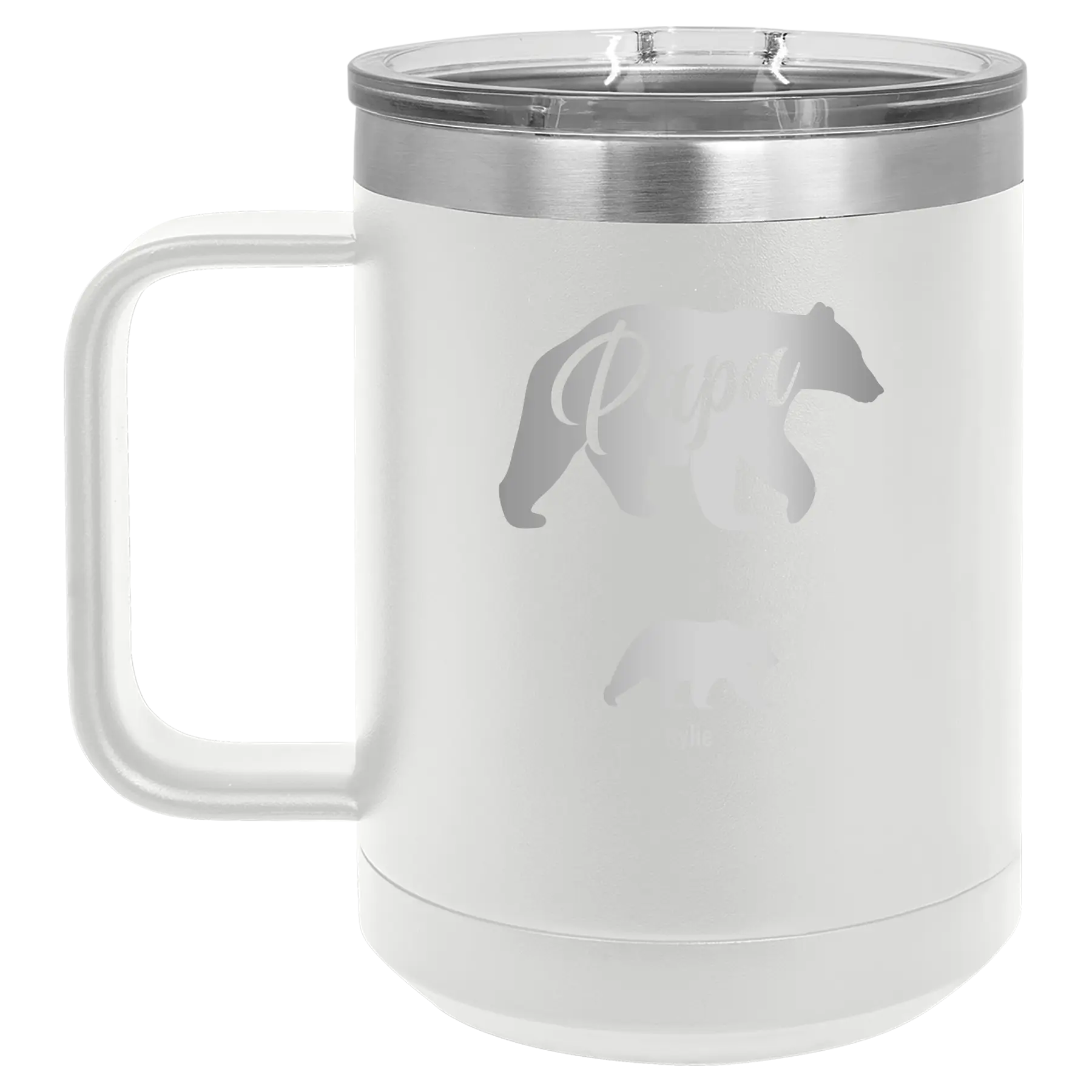 Personalized white 15 oz vacuum insulated coffee mug with 'Papa Bear 1 Baby Bear' design