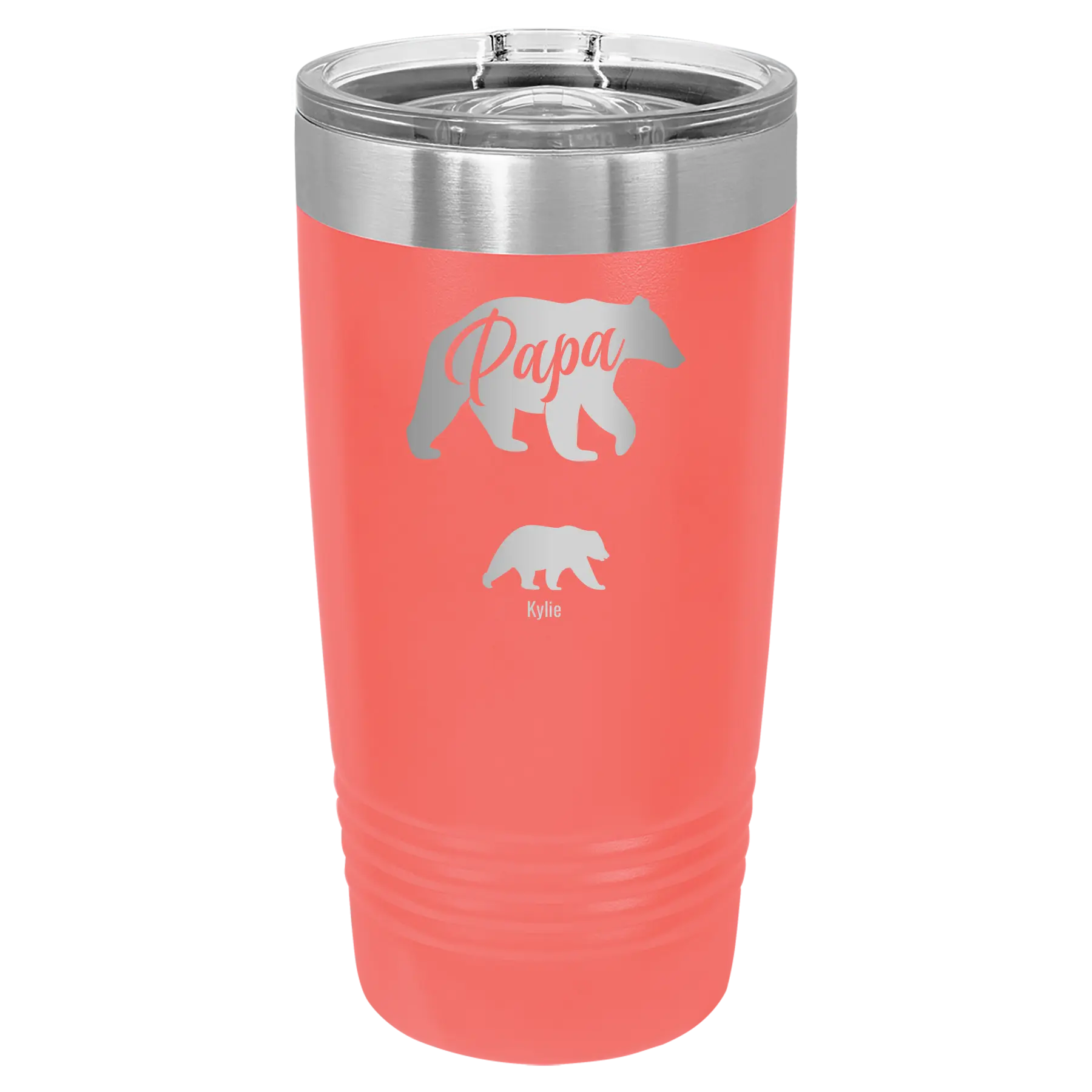 Personalized coral 20 oz vacuum insulated tumbler with 'Papa Bear 1 Baby Bear' design