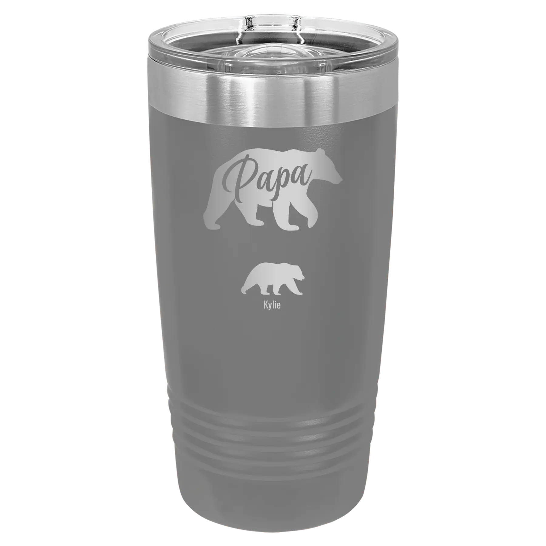 Personalized dark gray 20 oz vacuum insulated tumbler with 'Papa Bear 1 Baby Bear' design