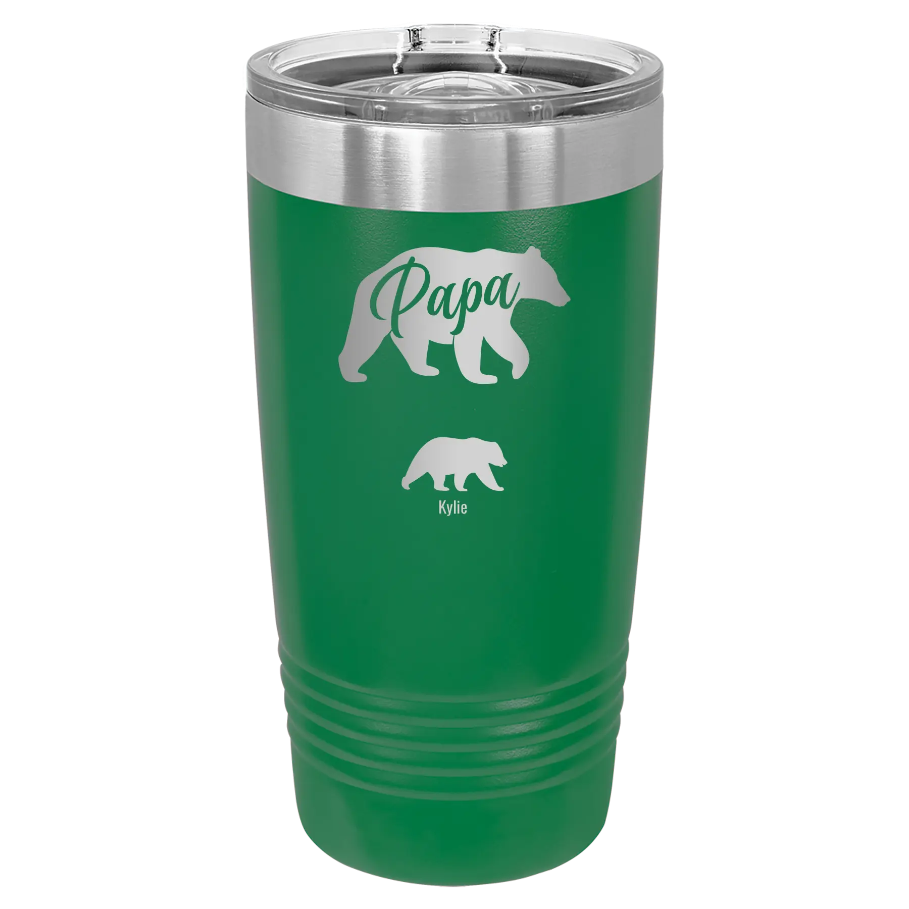 Personalized green 20 oz vacuum insulated tumbler with 'Papa Bear 1 Baby Bear' design