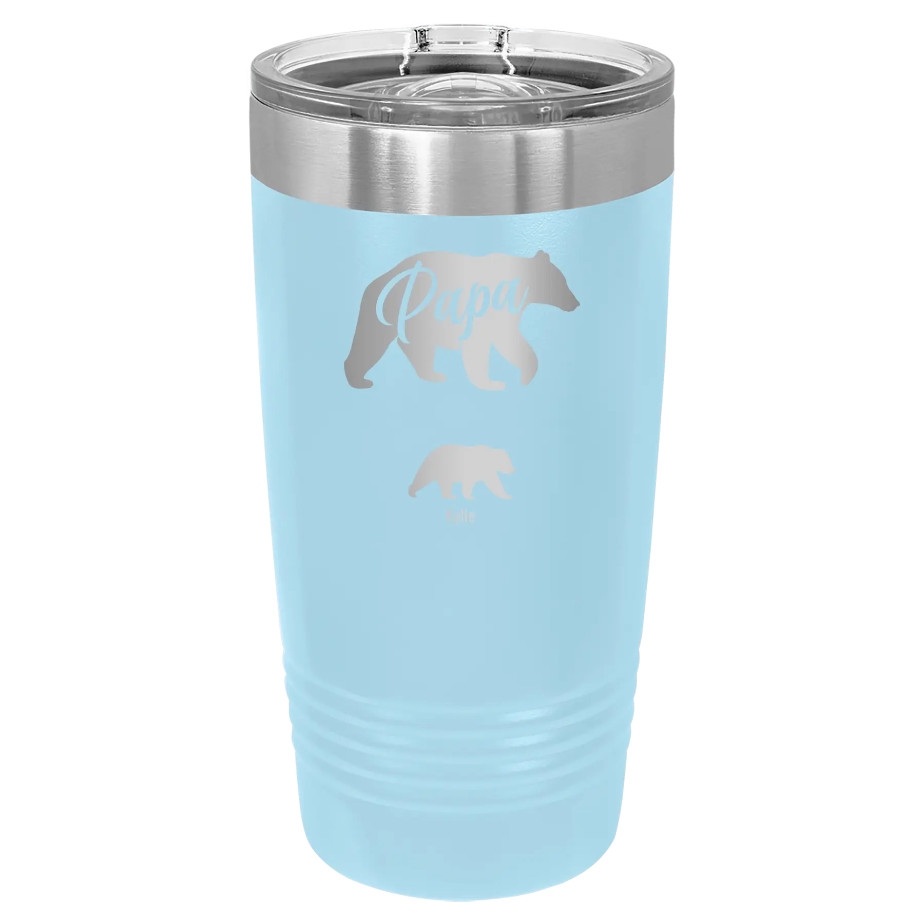 Personalized light blue 20 oz vacuum insulated tumbler with 'Papa Bear 1 Baby Bear' design