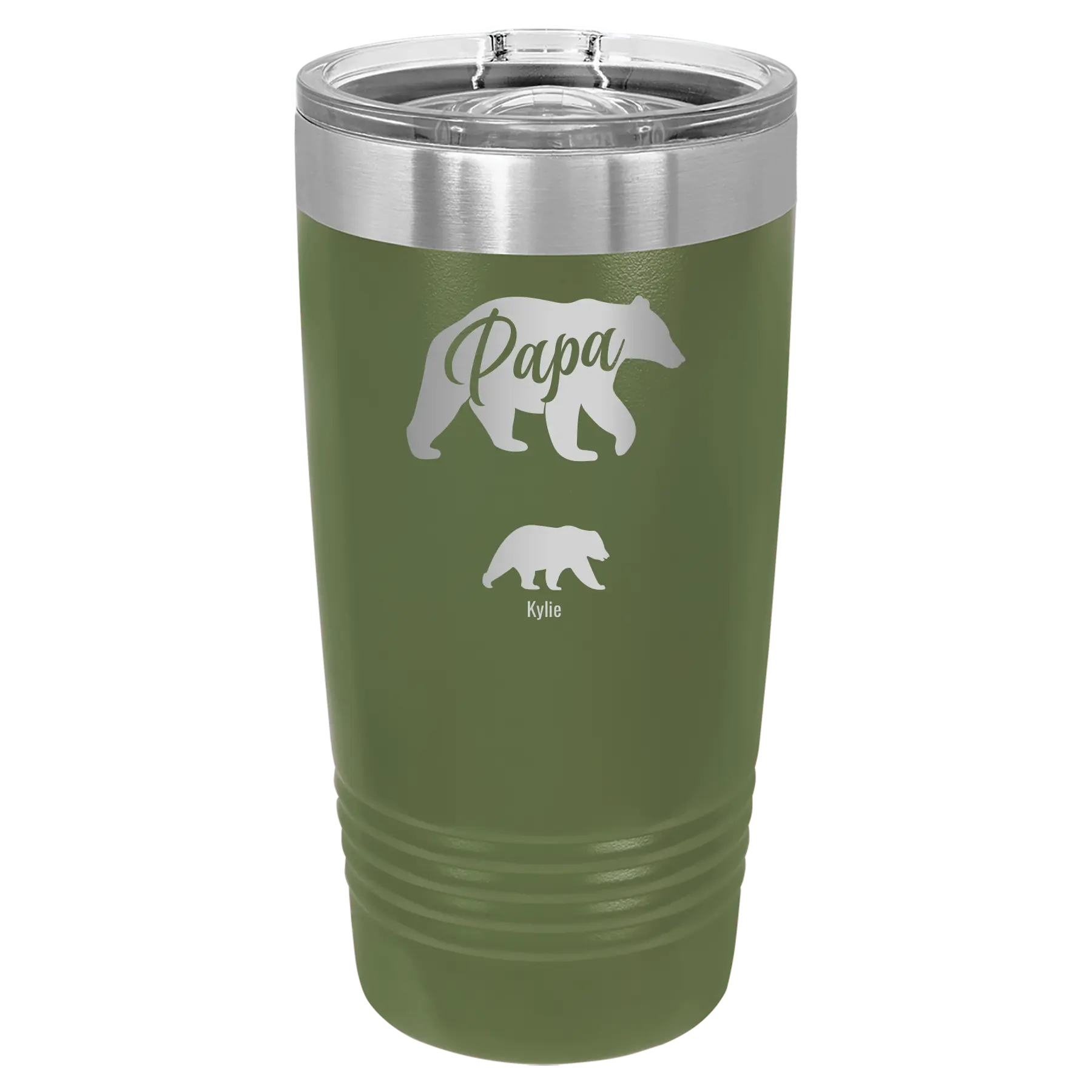 Personalized olive green 20 oz vacuum insulated tumbler with 'Papa Bear 1 Baby Bear' design