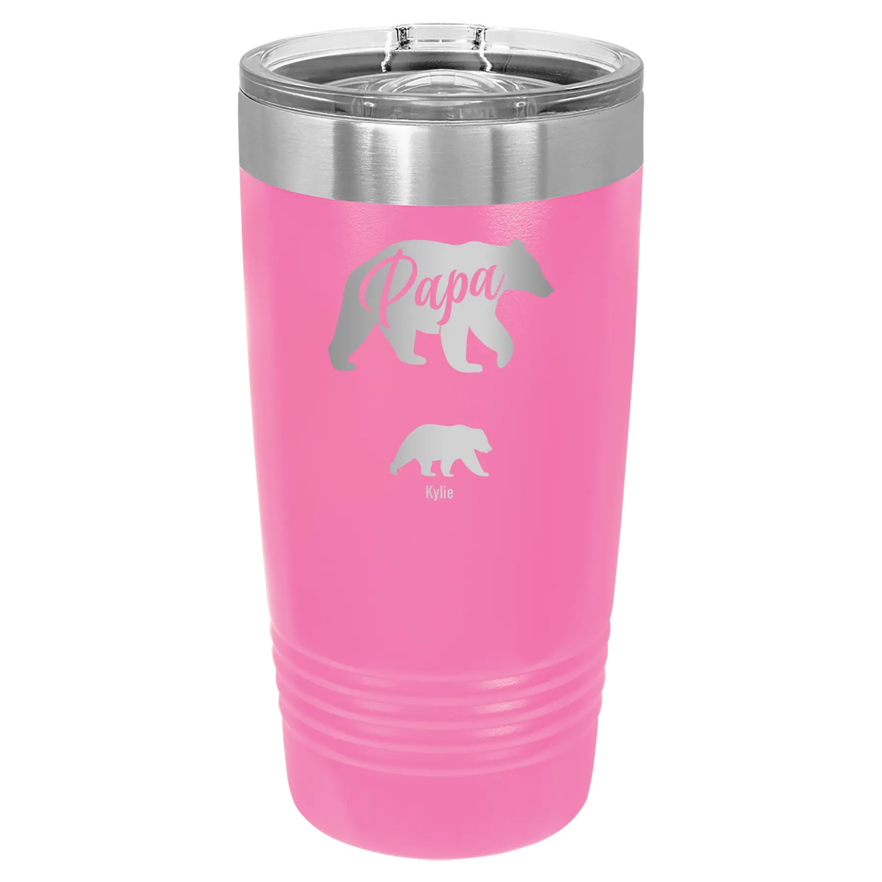 Personalized pink 20 oz vacuum insulated tumbler with 'Papa Bear 1 Baby Bear' design