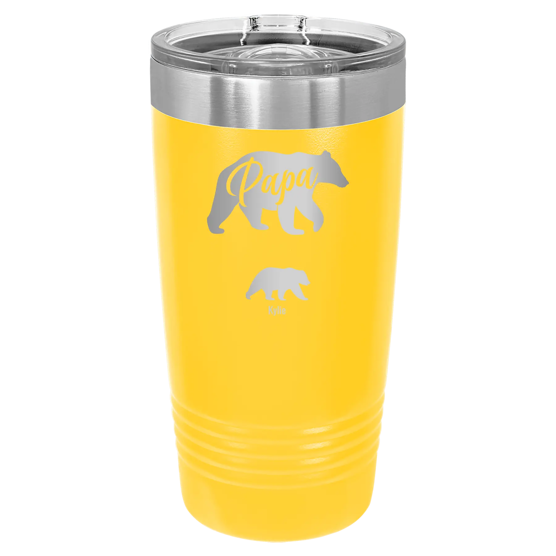 Personalized yellow 20 oz vacuum insulated tumbler with 'Papa Bear 1 Baby Bear' design
