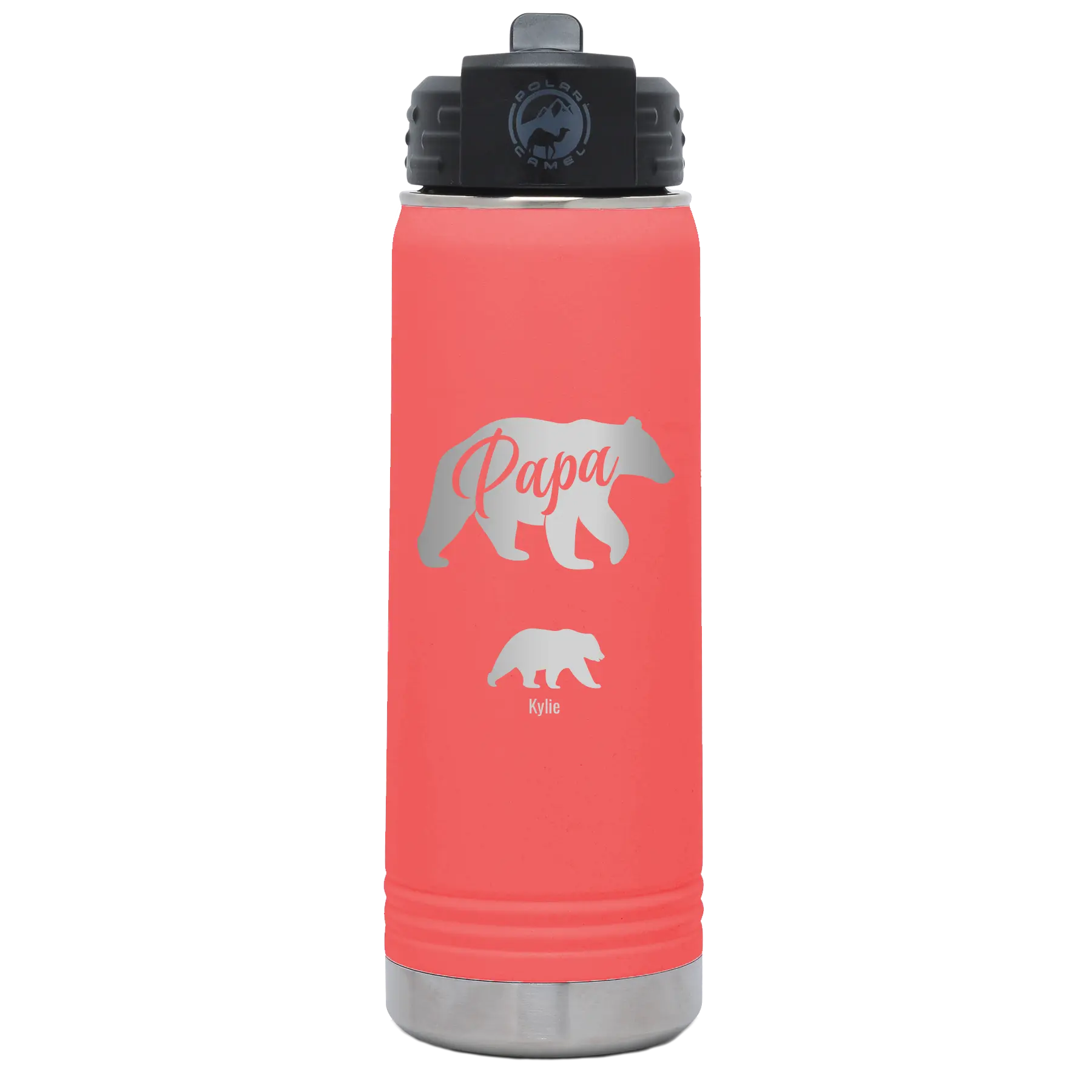 Personalized coral 20 oz vacuum insulated water bottle with 'Papa Bear 1 Baby Bear' design