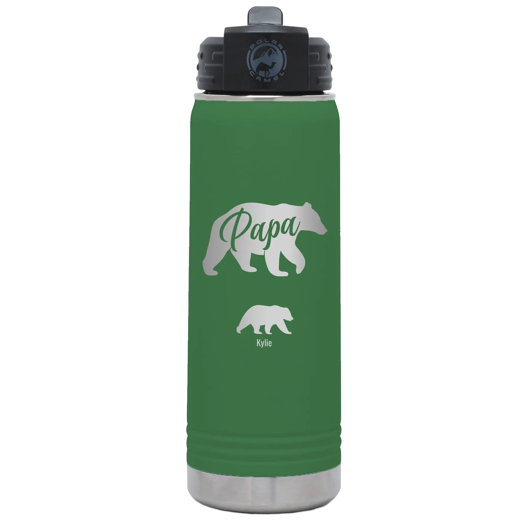 Personalized green 20 oz vacuum insulated water bottle with 'Papa Bear 1 Baby Bear' design