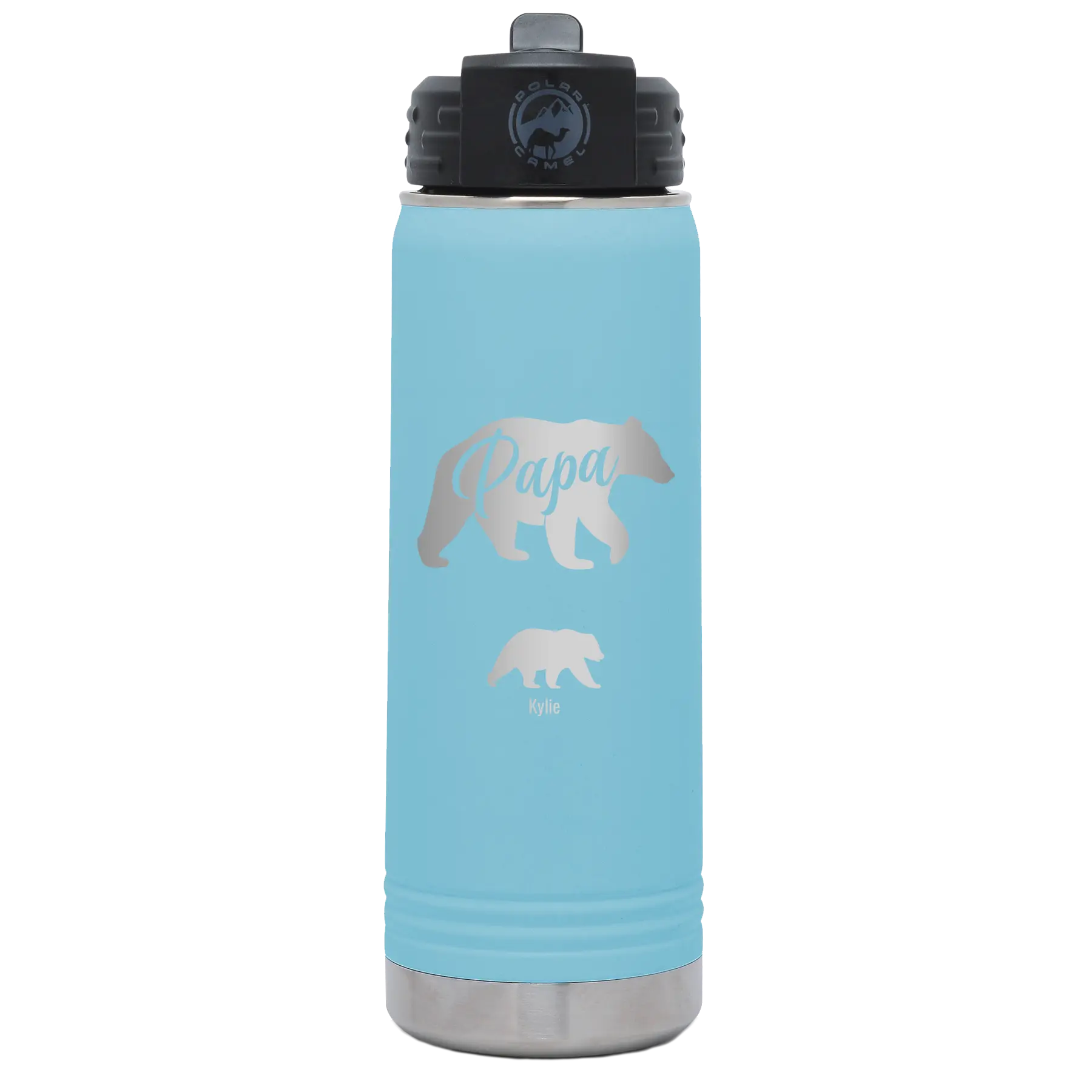 Personalized light blue 20 oz vacuum insulated water bottle with 'Papa Bear 1 Baby Bear' design