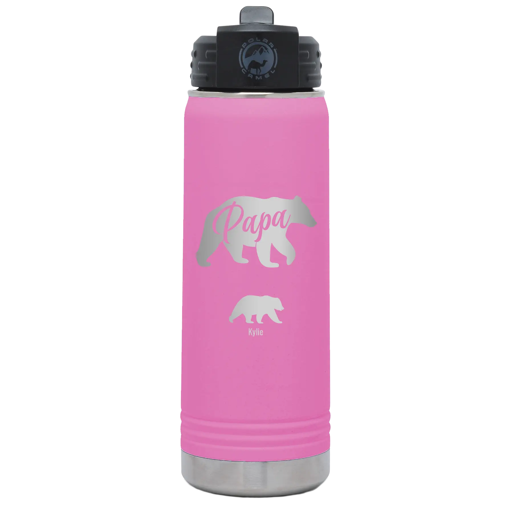 Personalized light purple 20 oz vacuum insulated water bottle with 'Papa Bear 1 Baby Bear' design