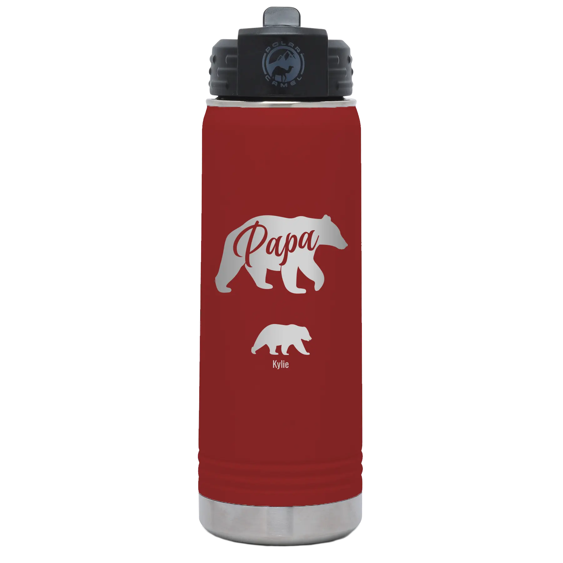 Personalized maroon 20 oz vacuum insulated water bottle with 'Papa Bear 1 Baby Bear' design