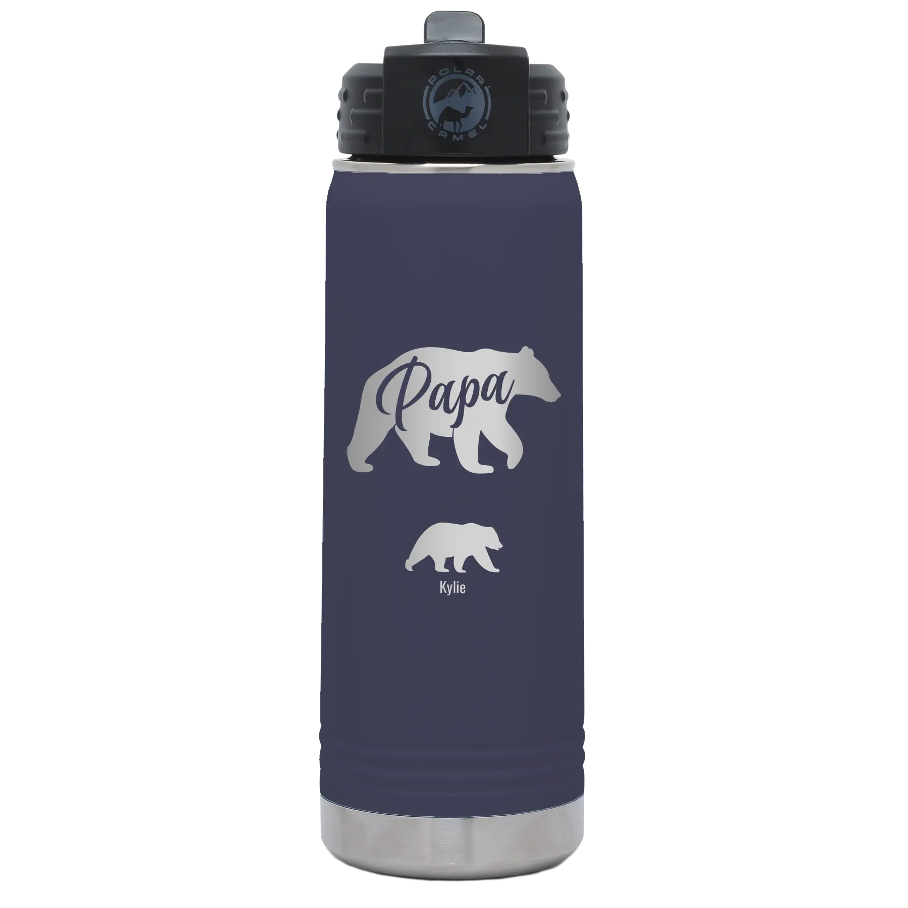 Personalized navy 20 oz vacuum insulated water bottle with 'Papa Bear 1 Baby Bear' design