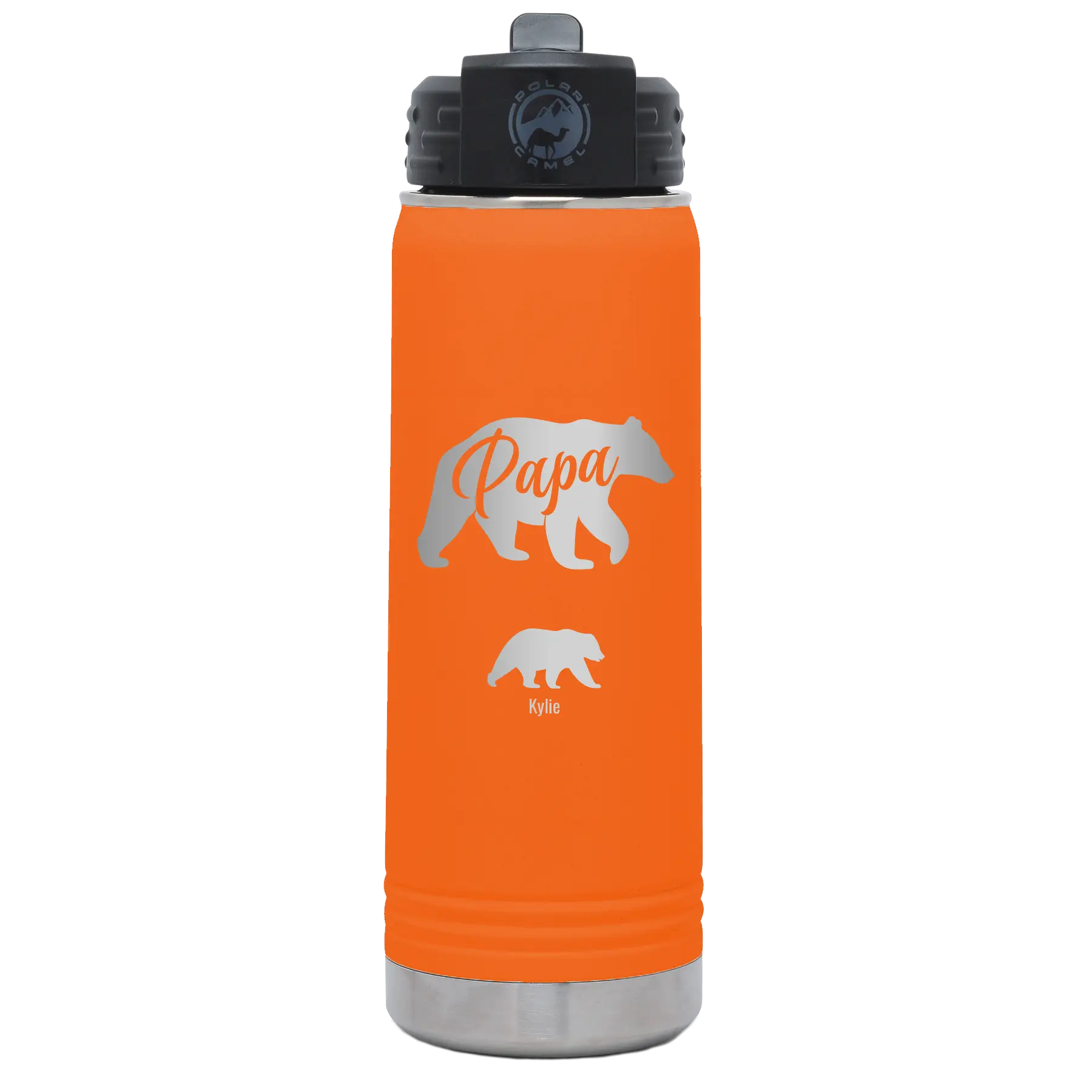 Personalized orange 20 oz vacuum insulated water bottle with 'Papa Bear 1 Baby Bear' design
